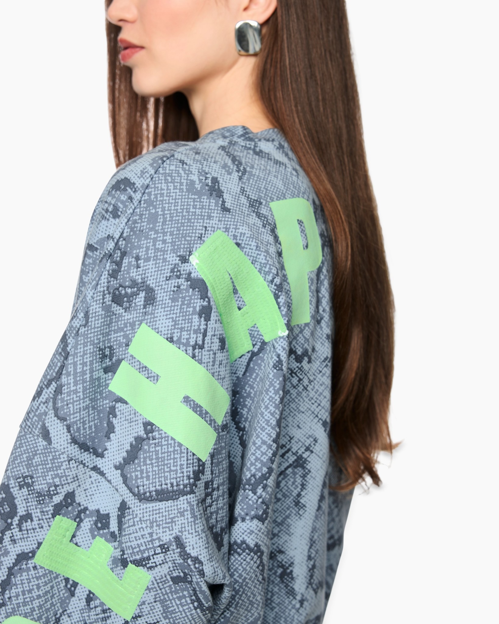 sweatshirt, snake print, light blue, neon letters, long sleeve