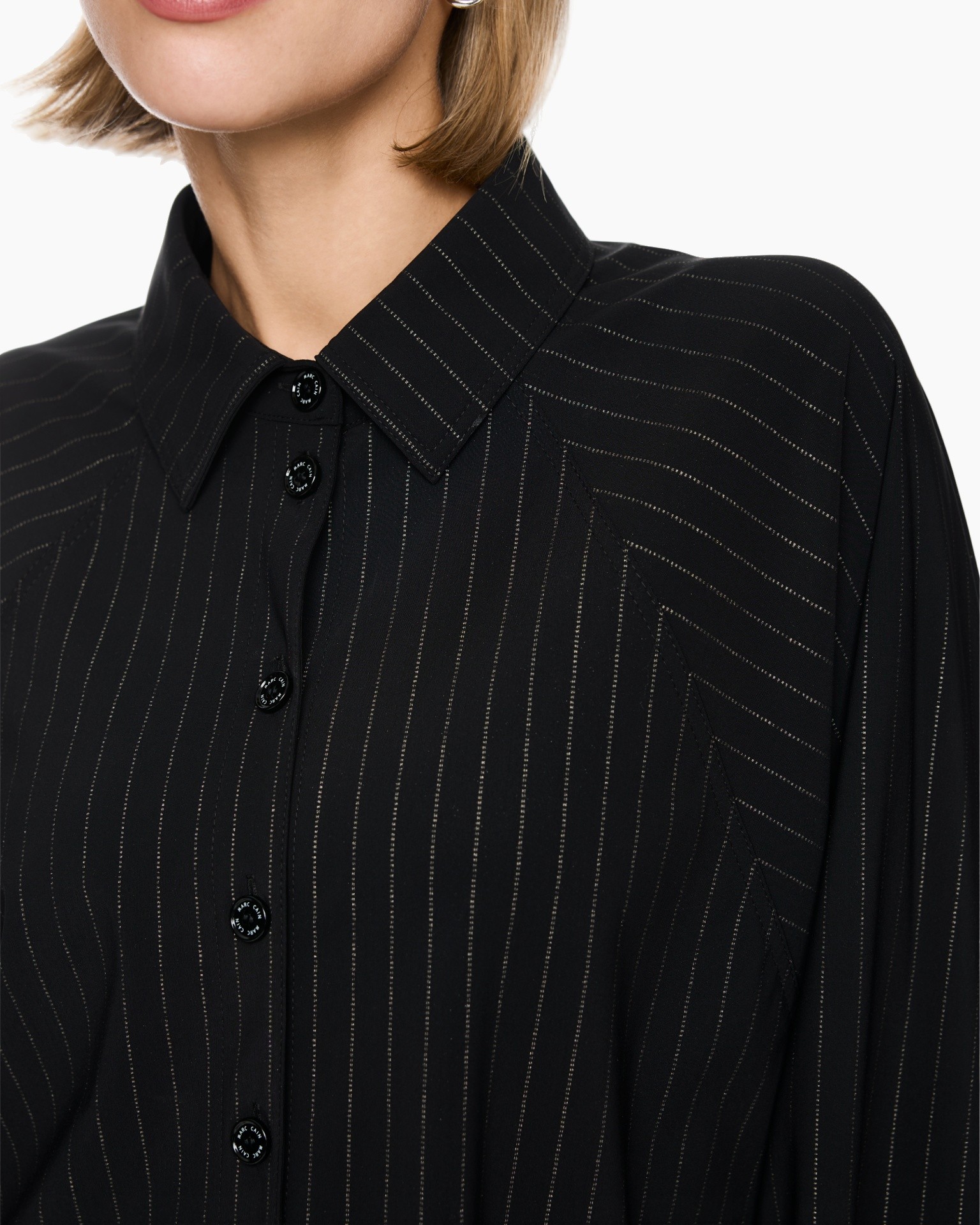 black shirt, pinstripe, collared shirt, button-down, long sleeves