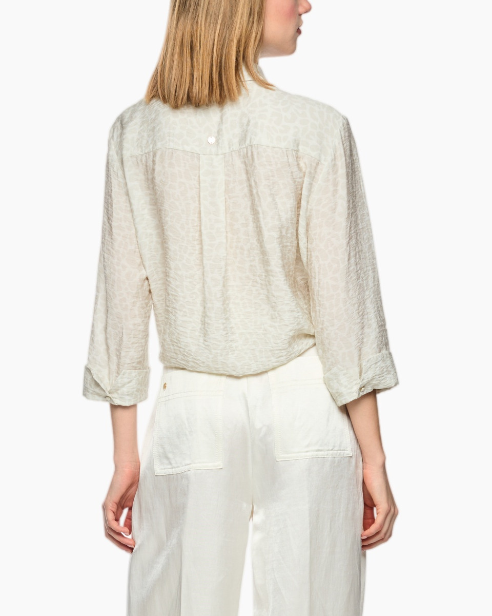 blouse, collared, long-sleeve, tie-front, beige pattern