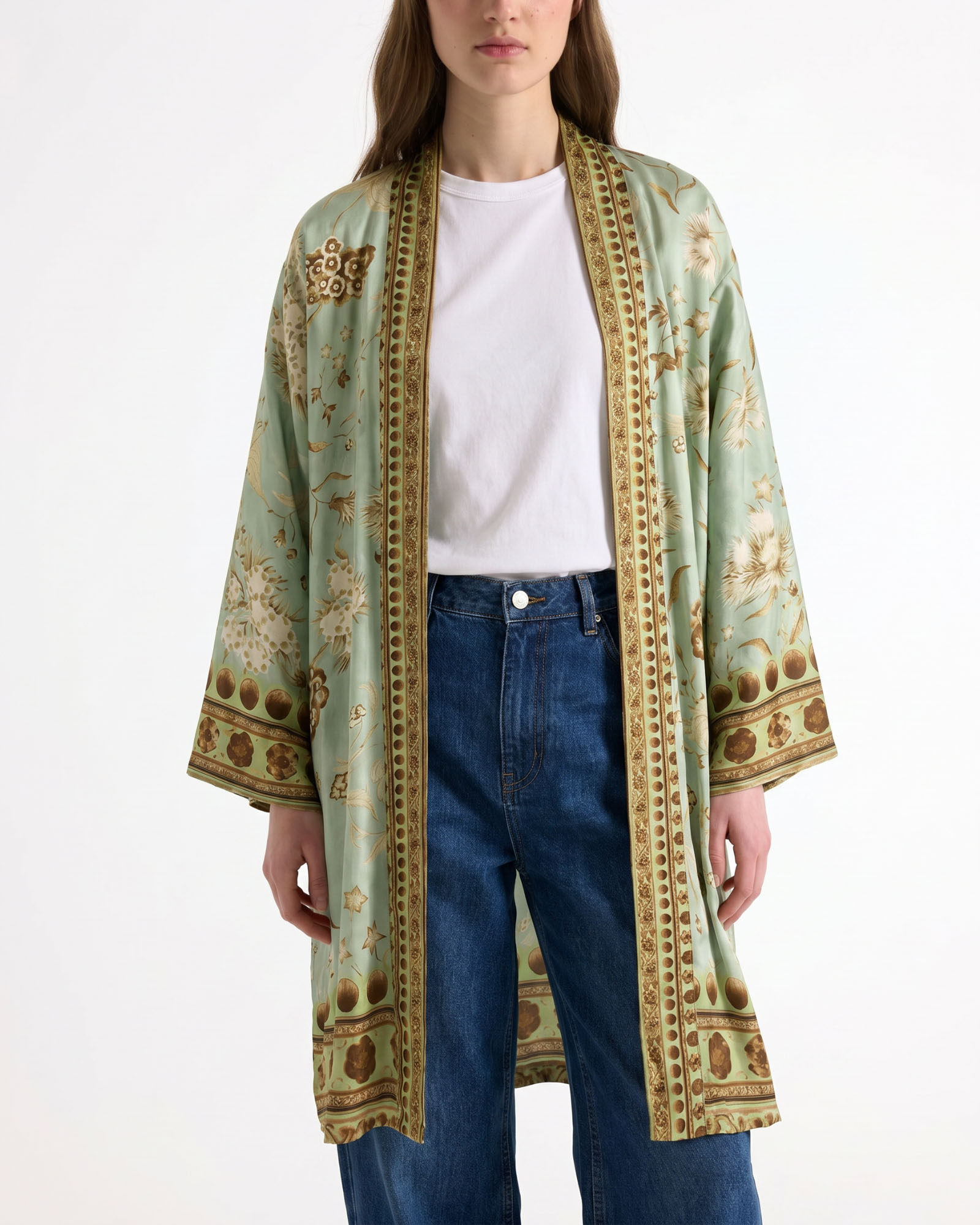 kimono, silk-like, mint green, floral pattern, open cardigan