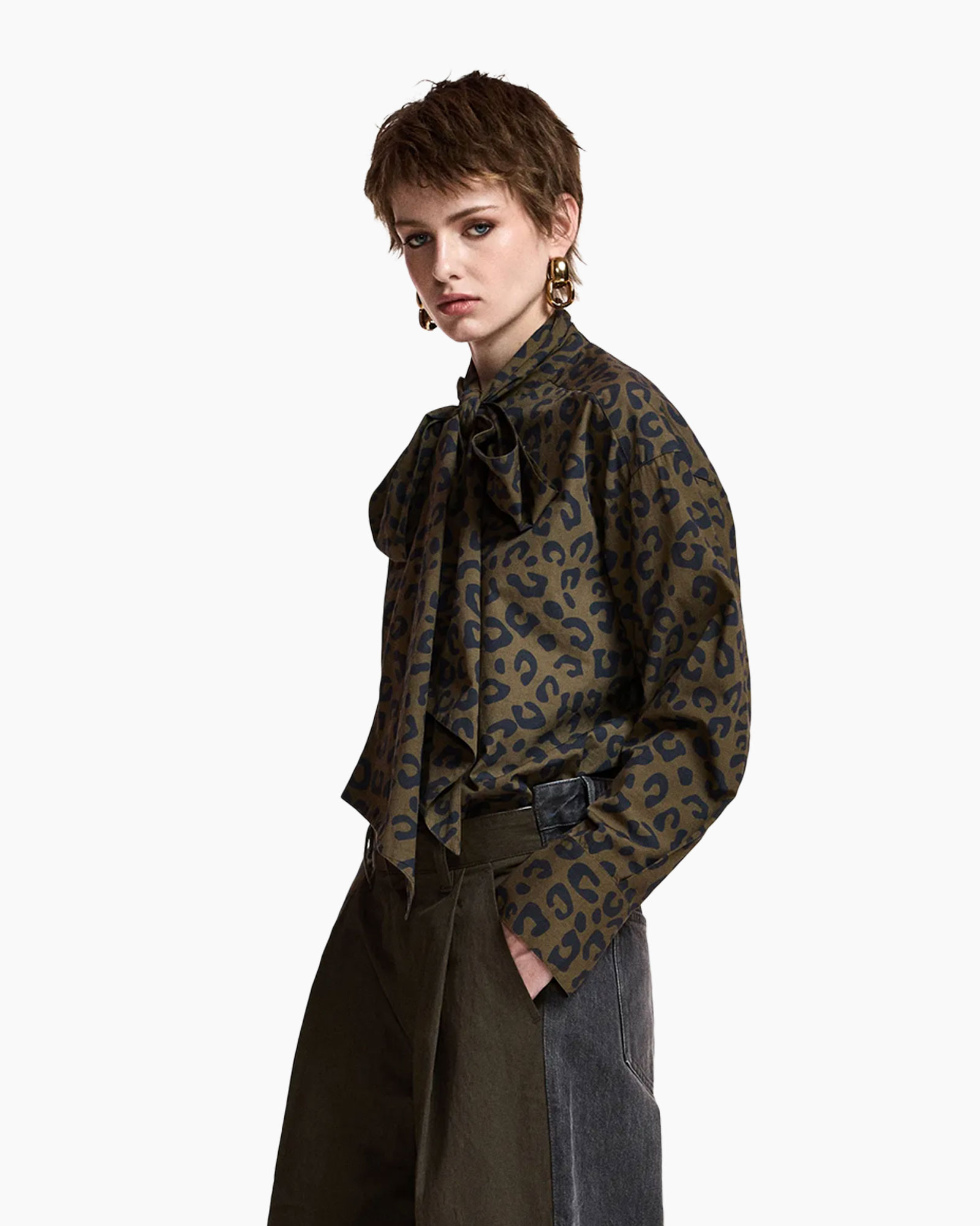 leopard print, blouse, long sleeve, tie neck, earth tone