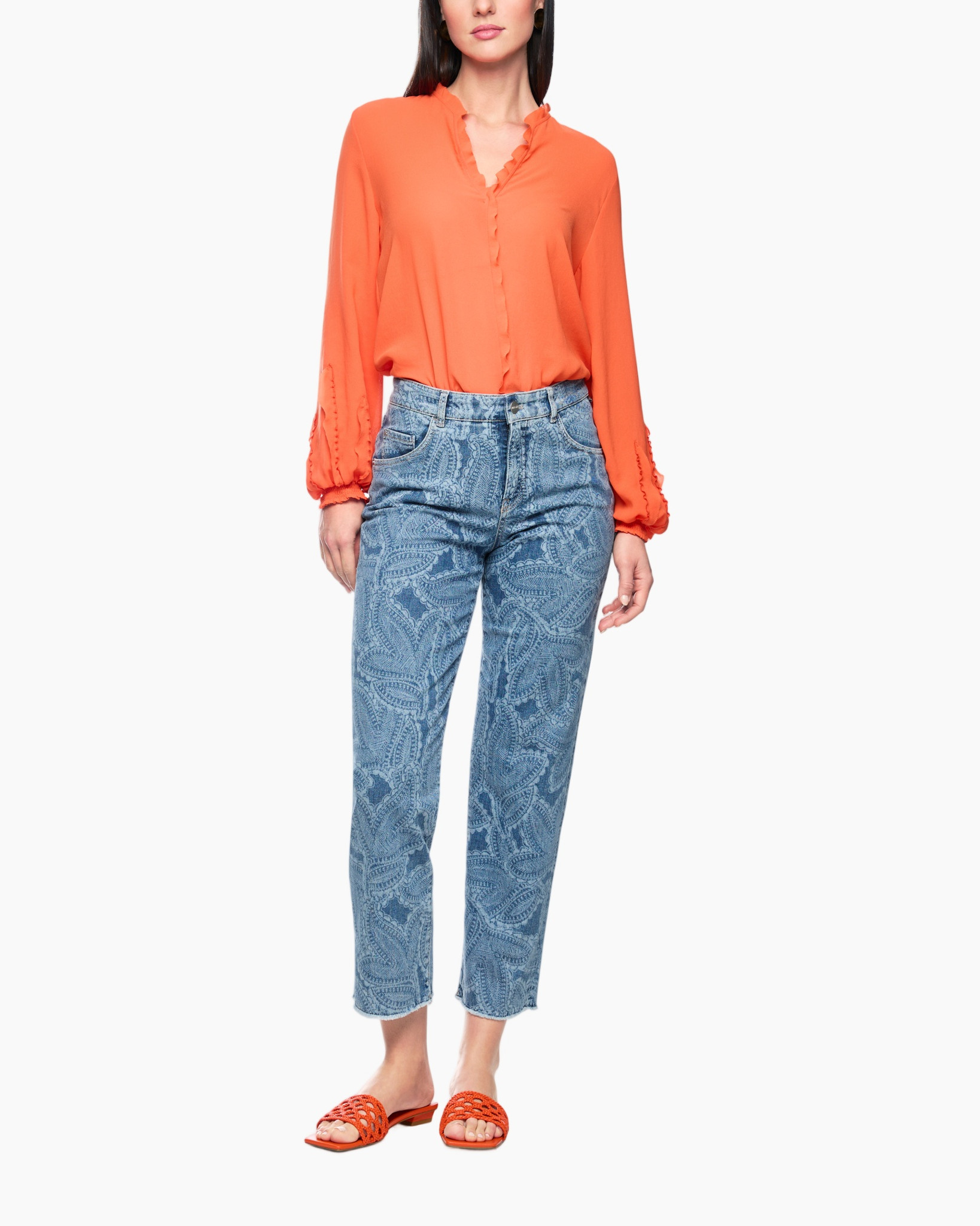 top, orange, long-sleeve, blouse, jeans, paisley