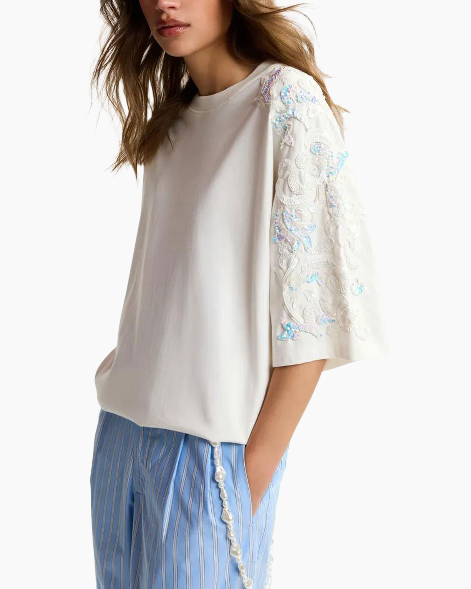 top, lace sleeve, beige, loose fit, embroidery