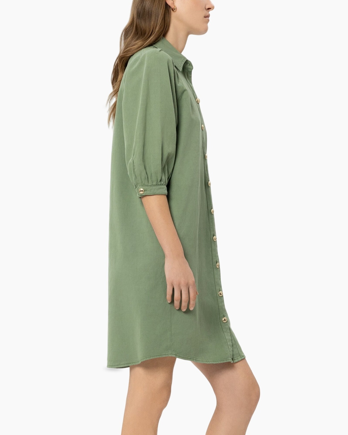 shirt dress, button-front, puff sleeve, knee-length, green