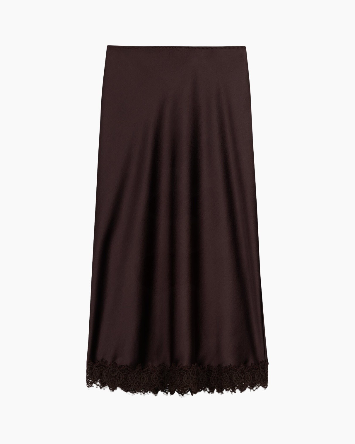 skirt, midi, brown, lace trim, slip-on