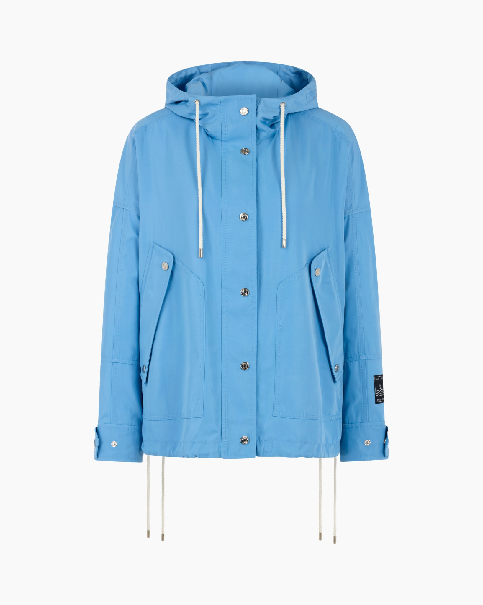 rain jacket, hooded, drawstrings, snap buttons, pockets
