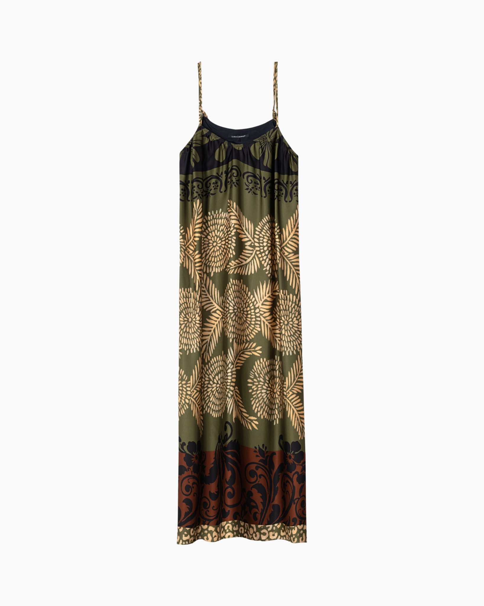 dress, maxi dress, spaghetti straps, printed pattern, floral motif