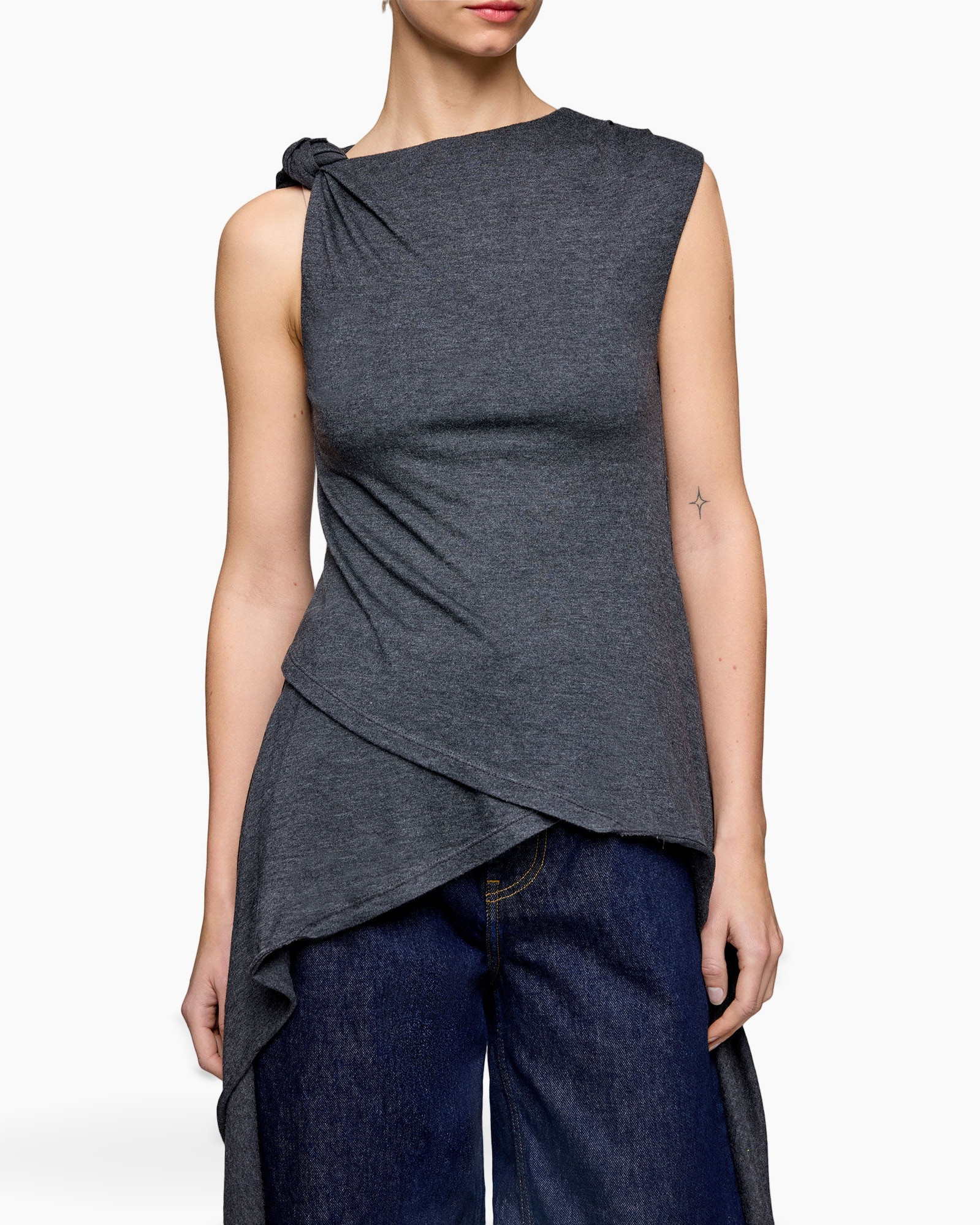 top, knotted, sleeveless, gray, wrap