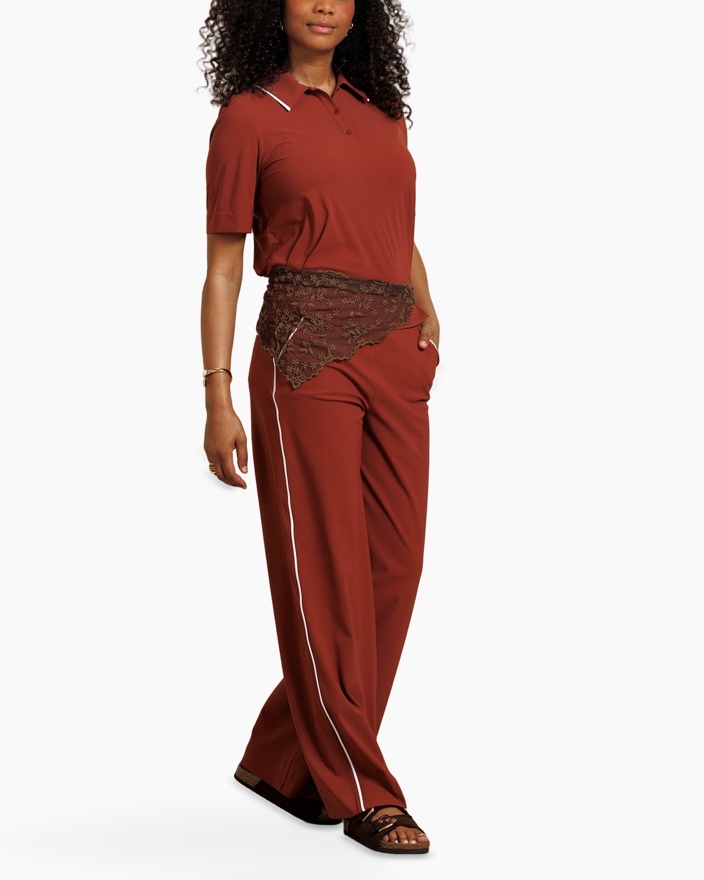 pants, wide-leg, rust, orange-brown, sides stripe