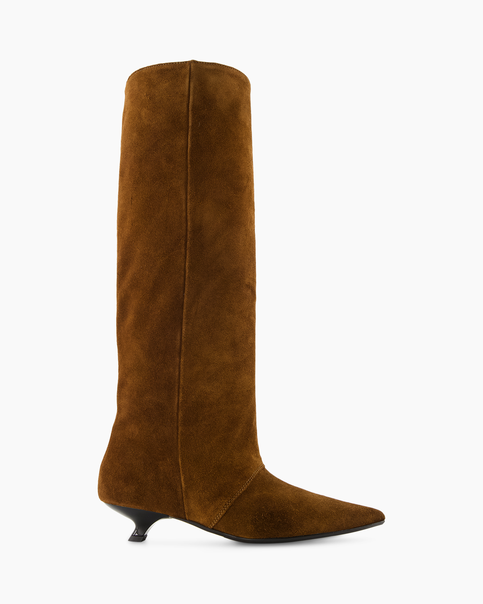 knee-high boots, suede, brown, pointed toe, stiletto heel