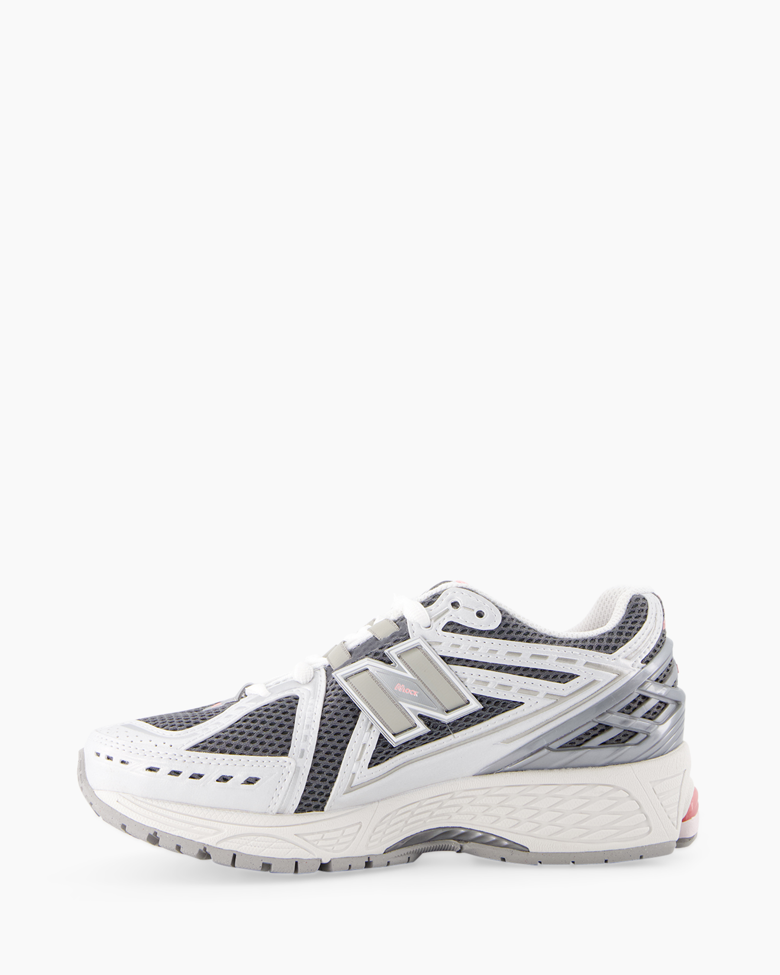running shoe, athletic sneaker, mesh upper, gray white, sole cushioning