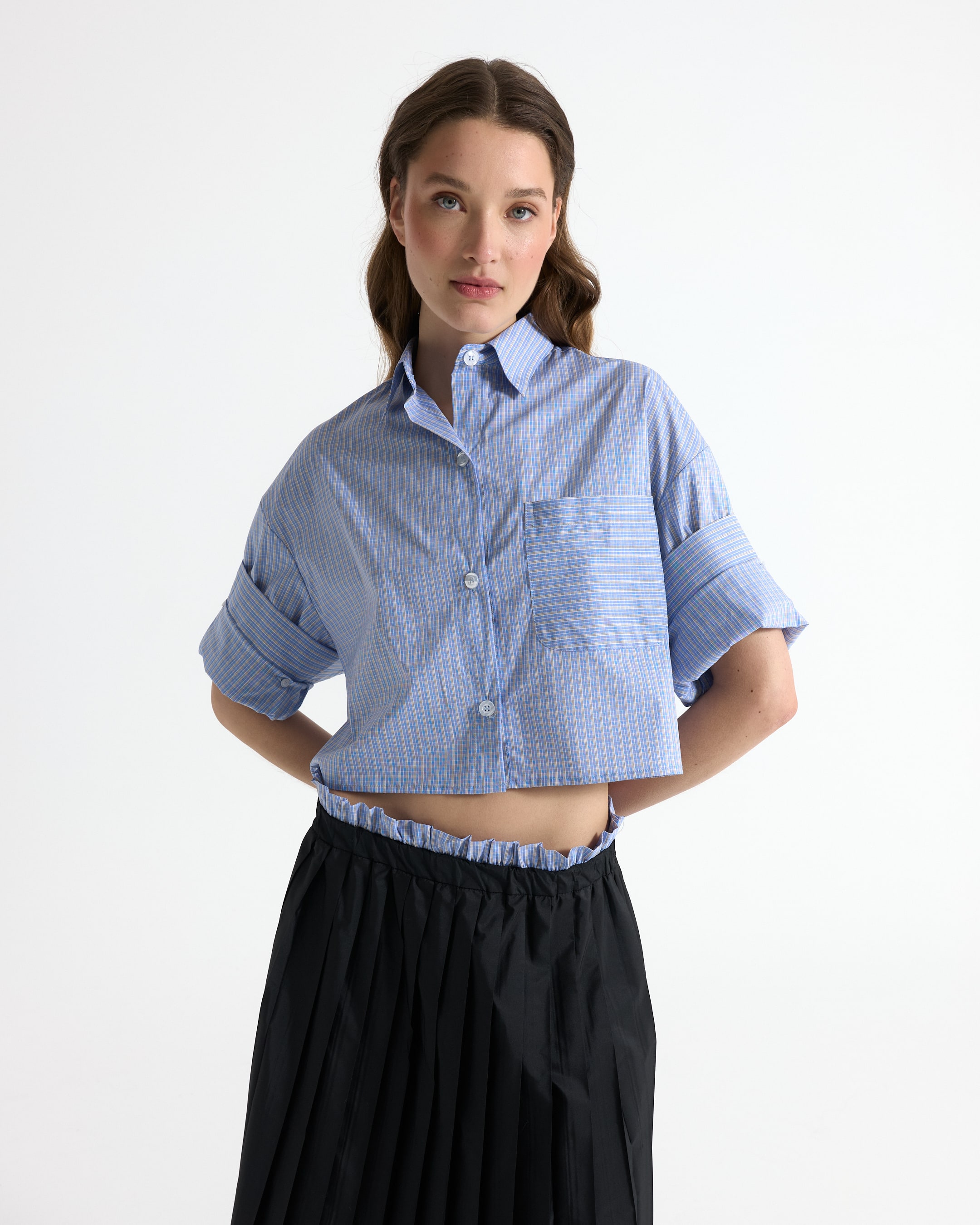 shirt, blue, checkered, cropped, short-sleeve