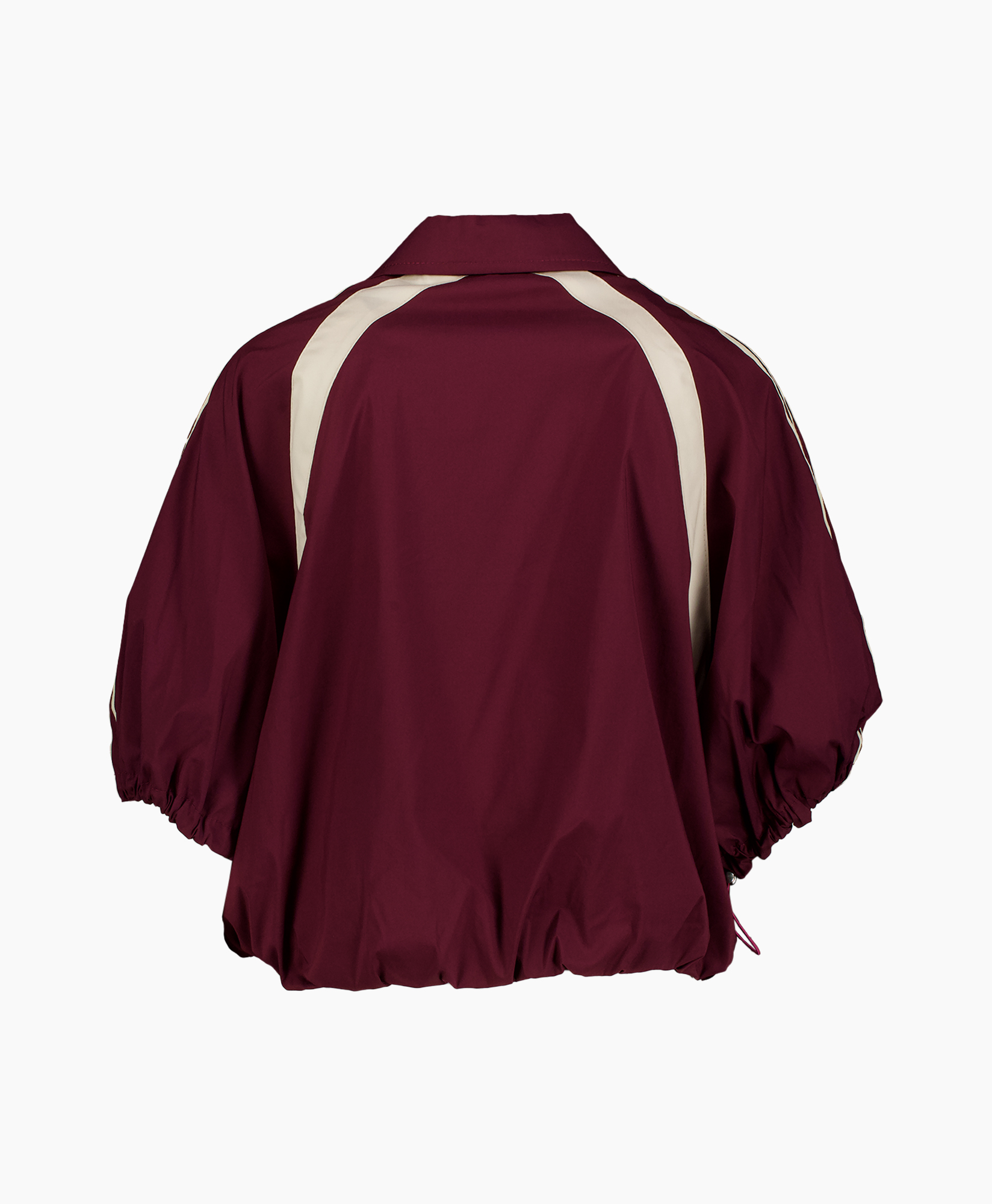 puffer jacket, maroon, contrast stripes, short jacket, elastic hem