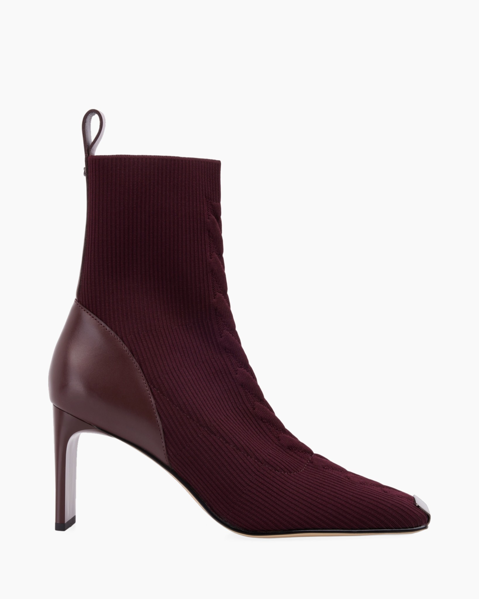 ankle boot, knit fabric, burgundy, high heel, pull-on boot, ankle boot, knit upper, mid heel, burgundy, zip puller