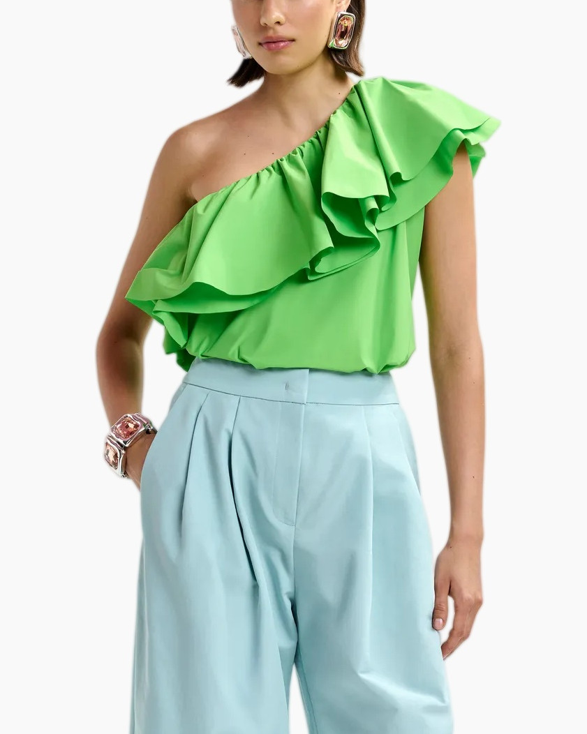 one-shoulder, ruffled-top, lime-green, cotton? fabric, high-waisted-pants, light-blue-pants, statement-sleeve
