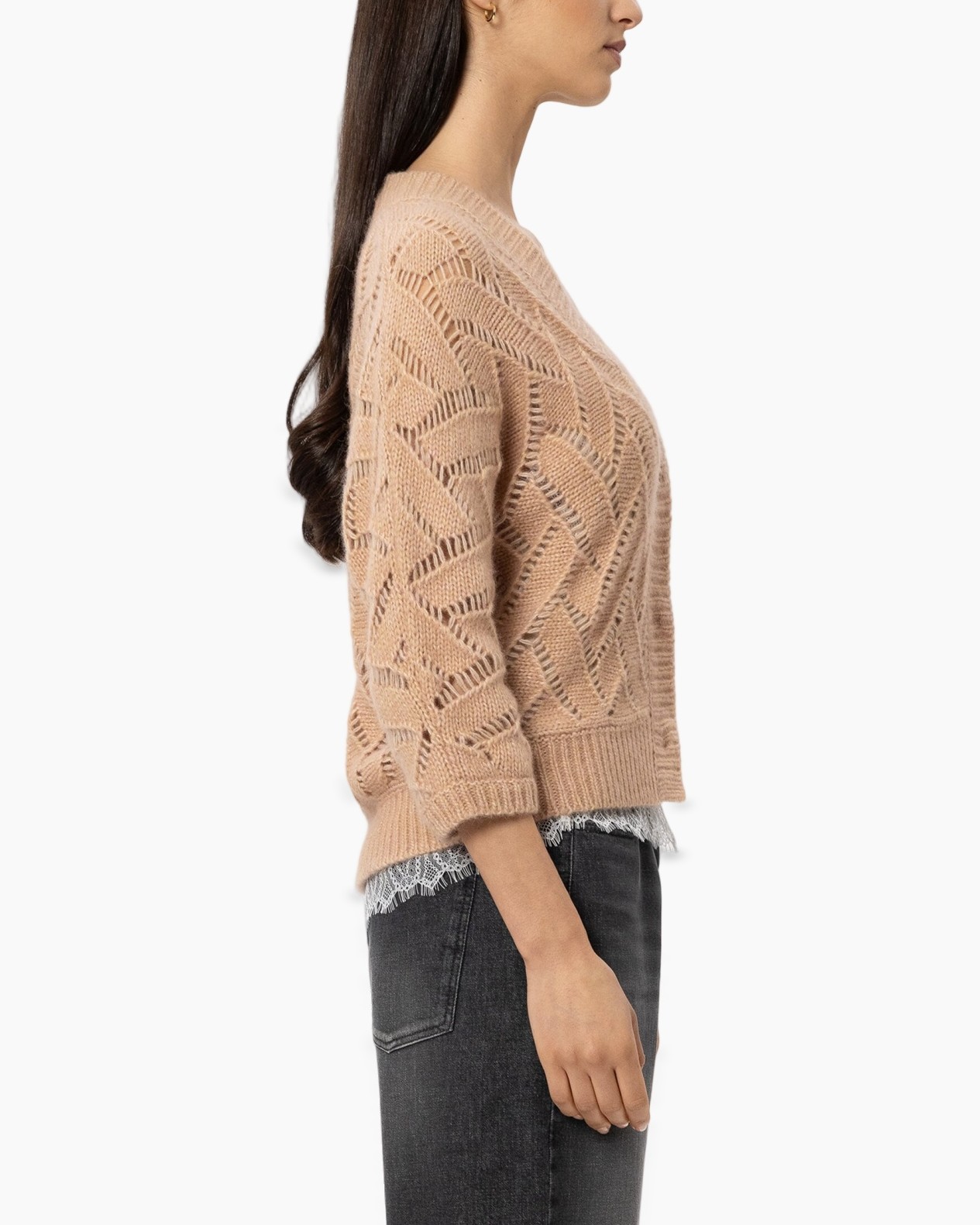 knit sweater, peach color, lattice knit, long sleeve, slightly oversized