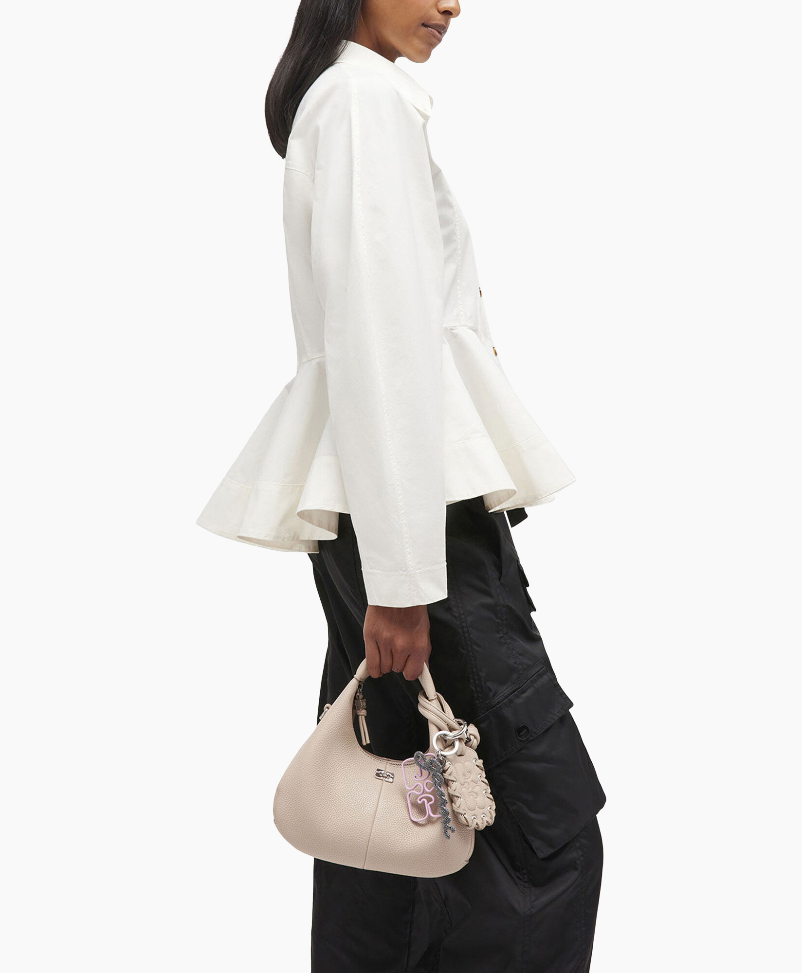 white blouse, peplum top, long sleeve, womens fashion, handbag
