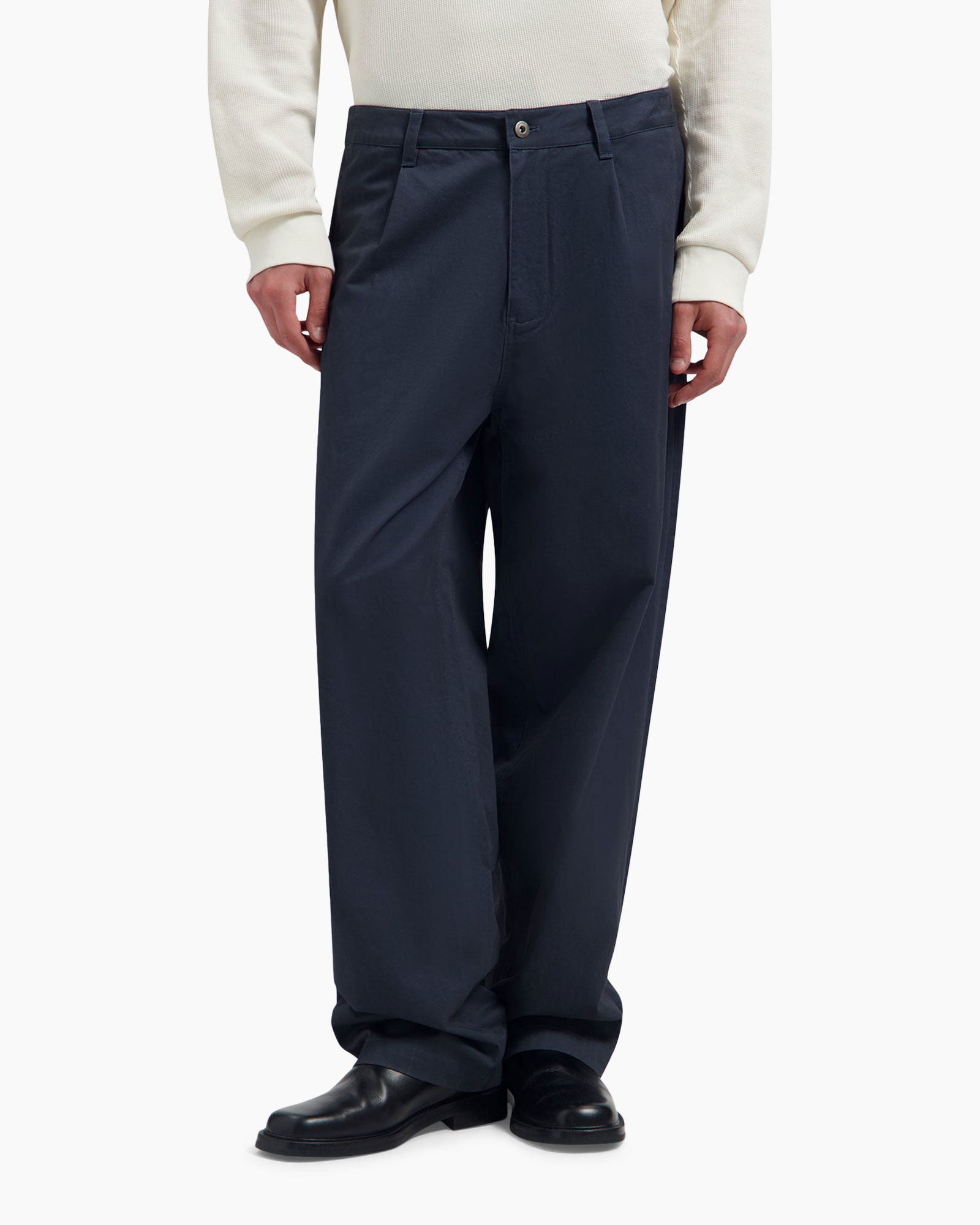 trousers, wide-leg, navy, front-zip, belt-loops