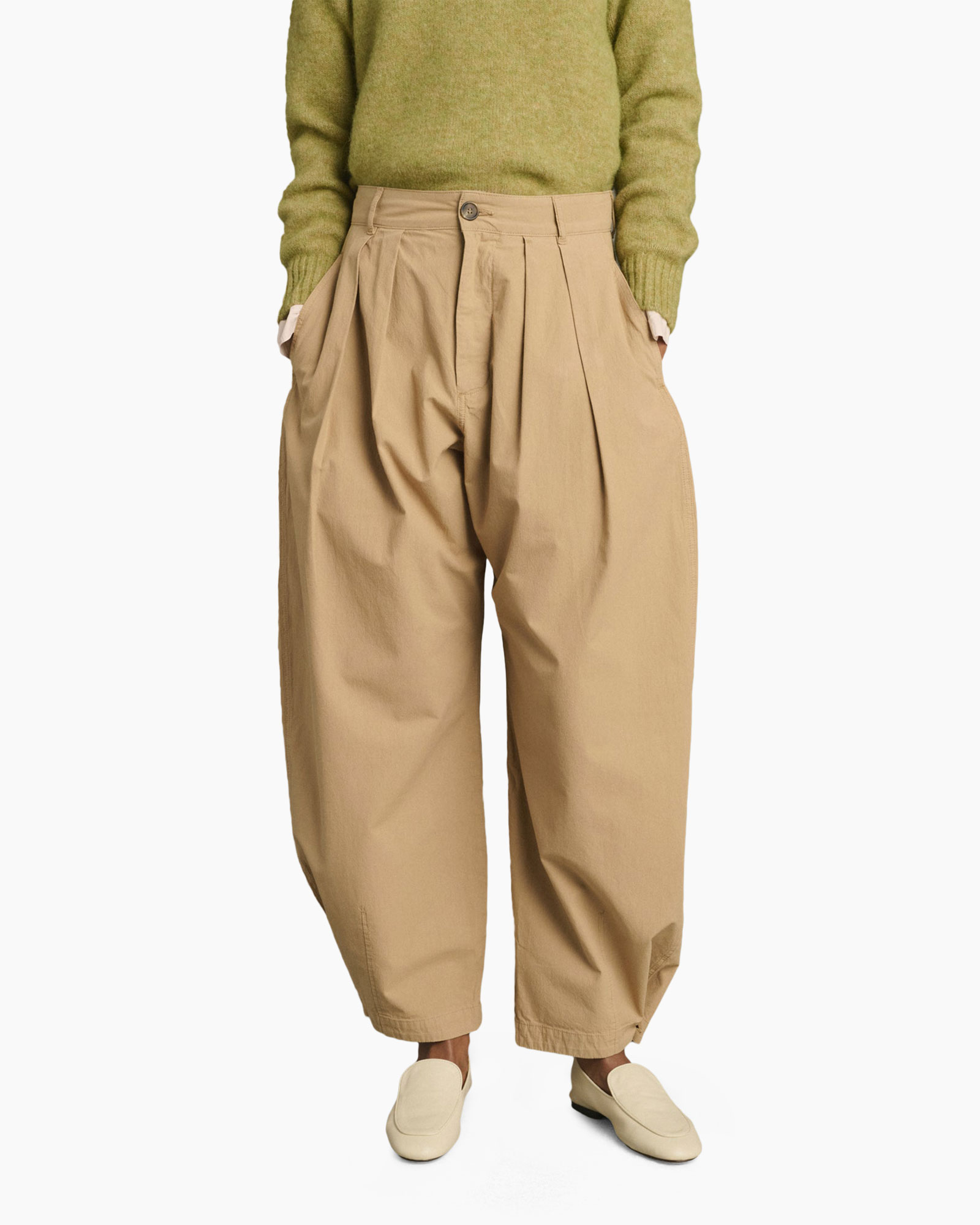 pants, khaki, wide-leg, pleated, belly-pocket