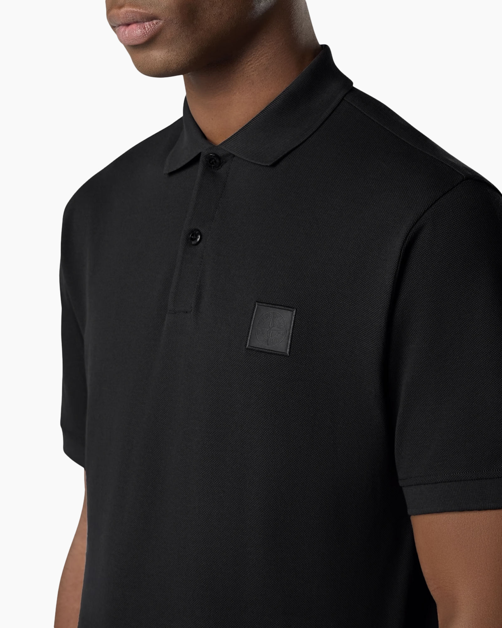 polo shirt, black, short sleeve, collared, logo patch