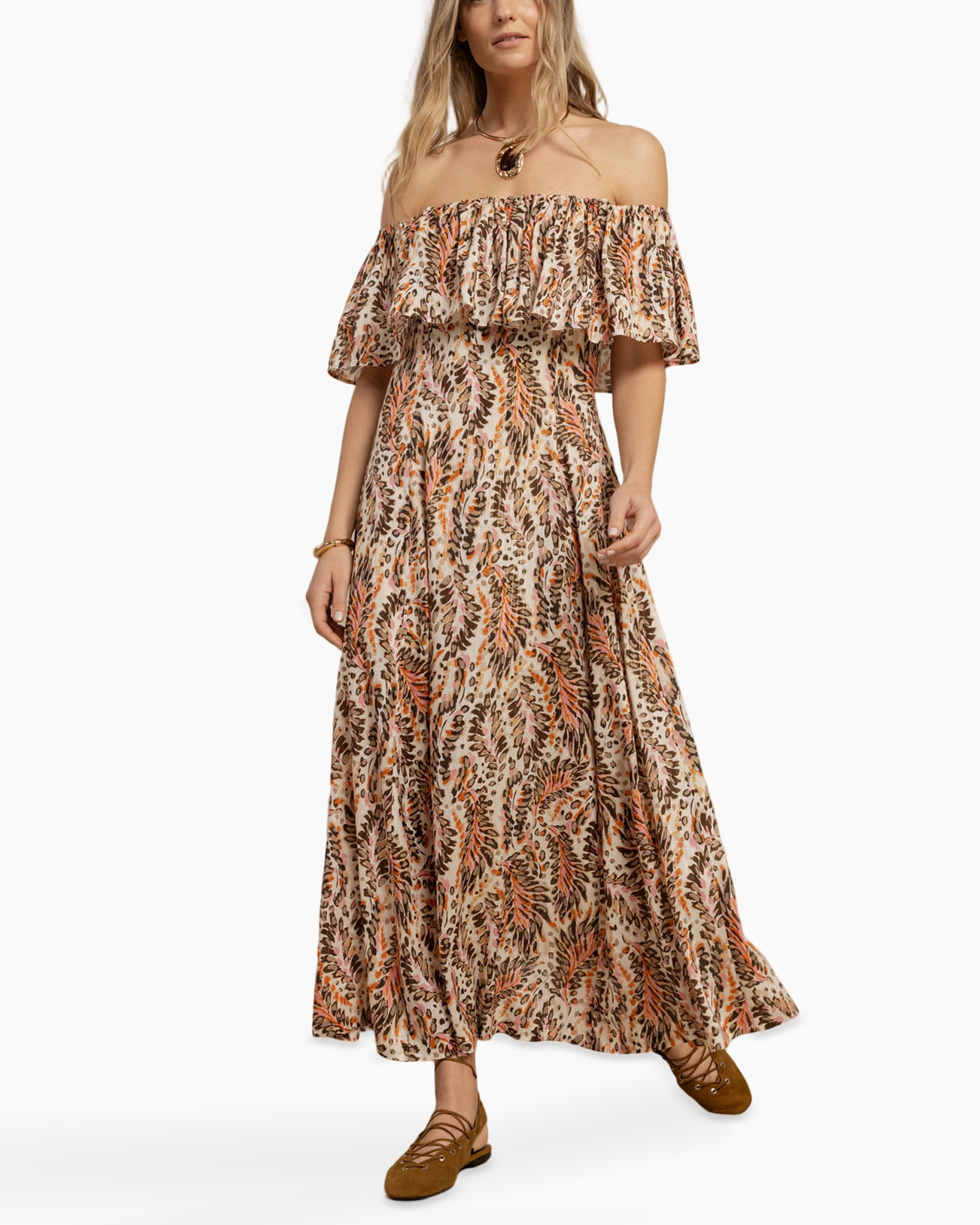 off-the-shoulder, maxi-dress, floral-pattern, boa-ruffle, calm-brown