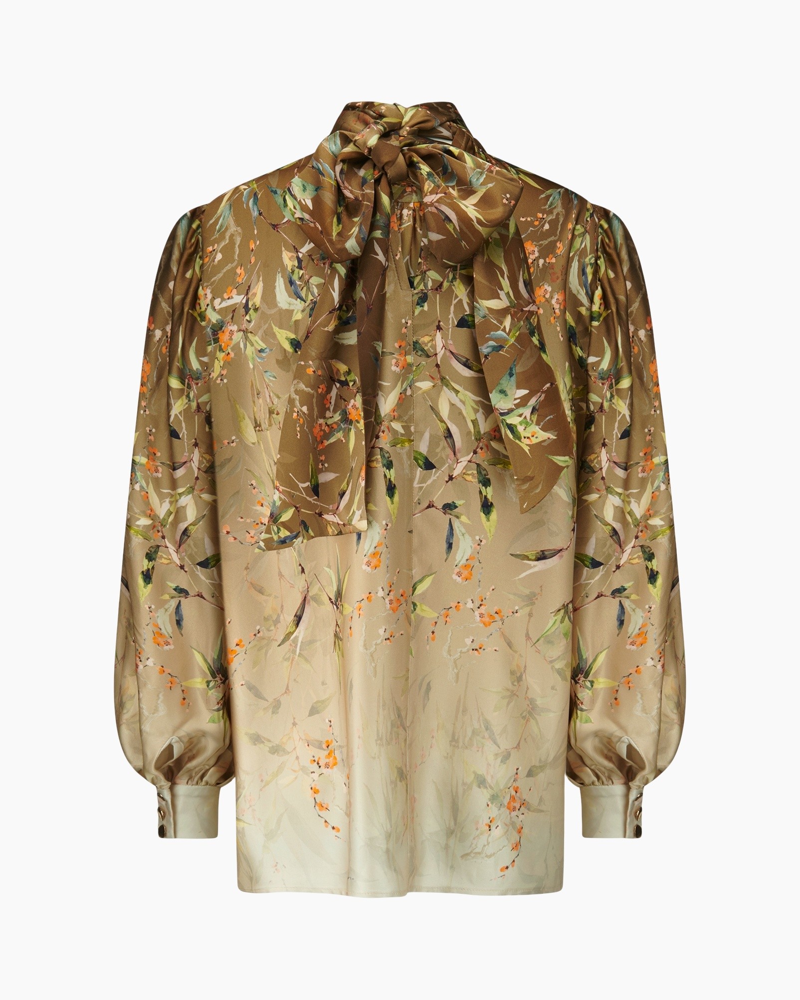 blouse, long sleeve, floral, bib neck bow, silk satin