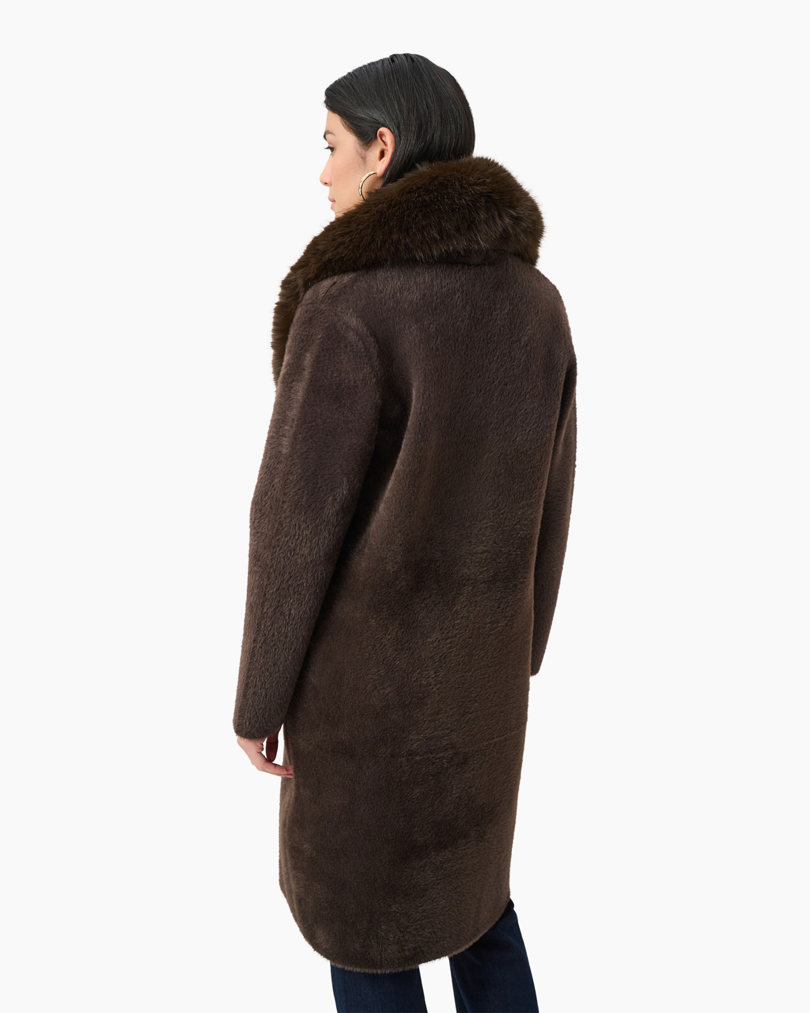 coat, fur, brown, long, collarless
