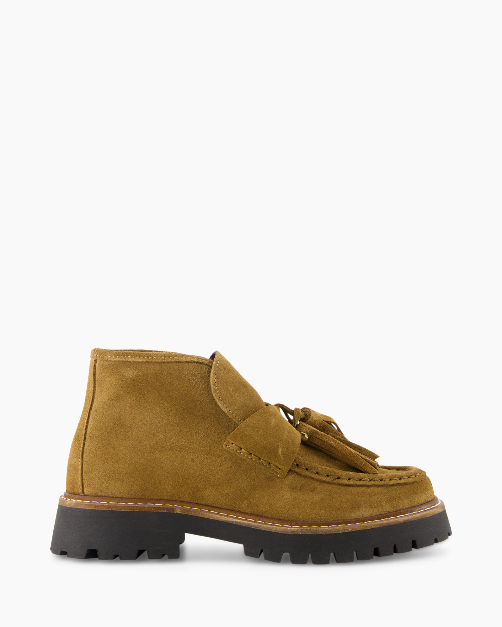ankle boot, moccasin boot, suede, tassel, chunky sole