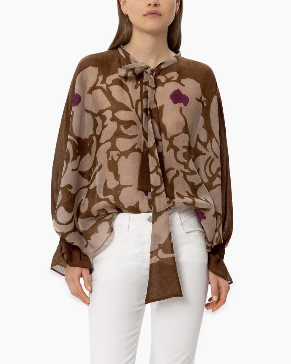 blouse, tie-neck, abstract-pattern, brown, sheer