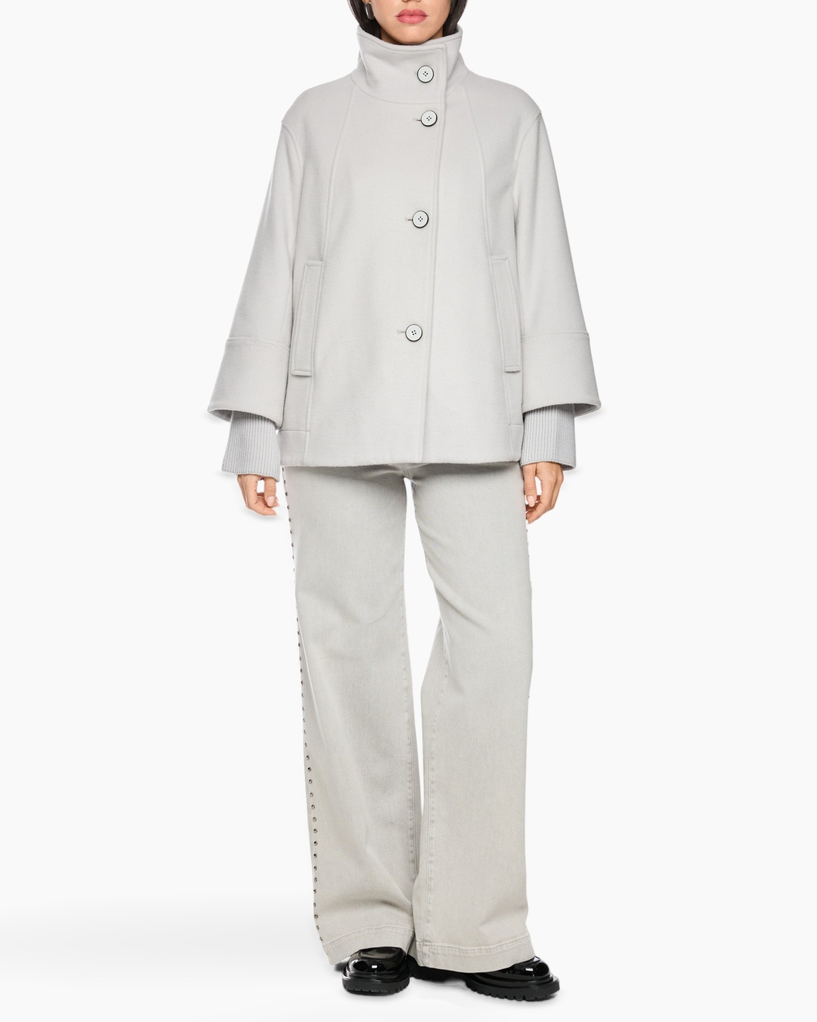 coat, outerwear, high-collar, button-front, pocketed, wide-sleeve, light-gray, pants, two-piece set