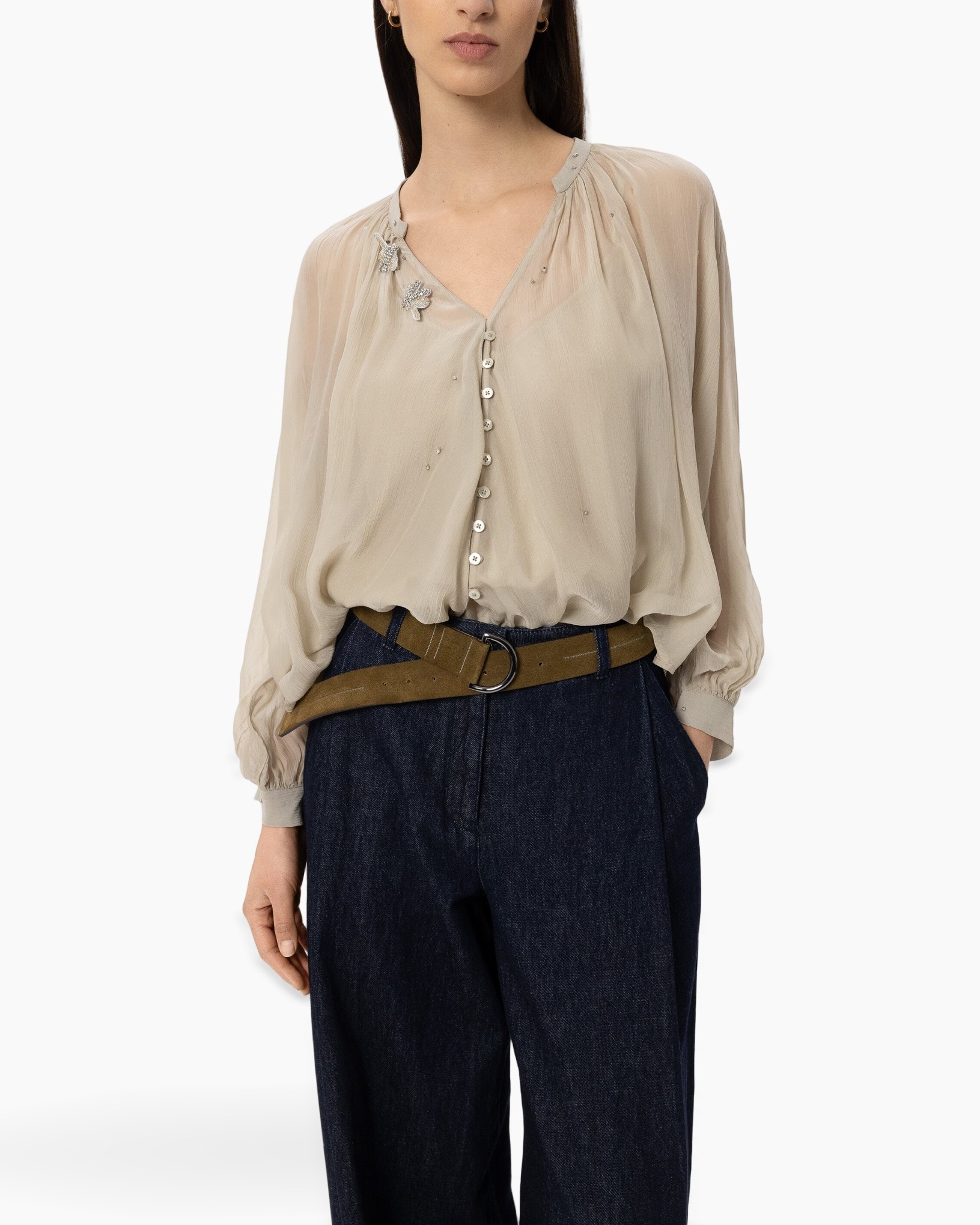 blouse, button-down, beige, long-sleeve, embellished