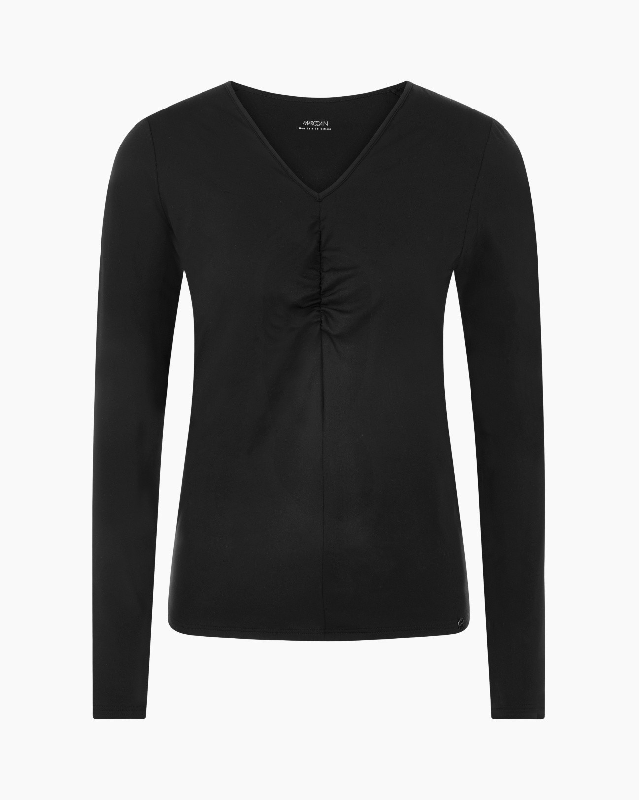 black, long sleeves, v-neck, ruched center, pullover