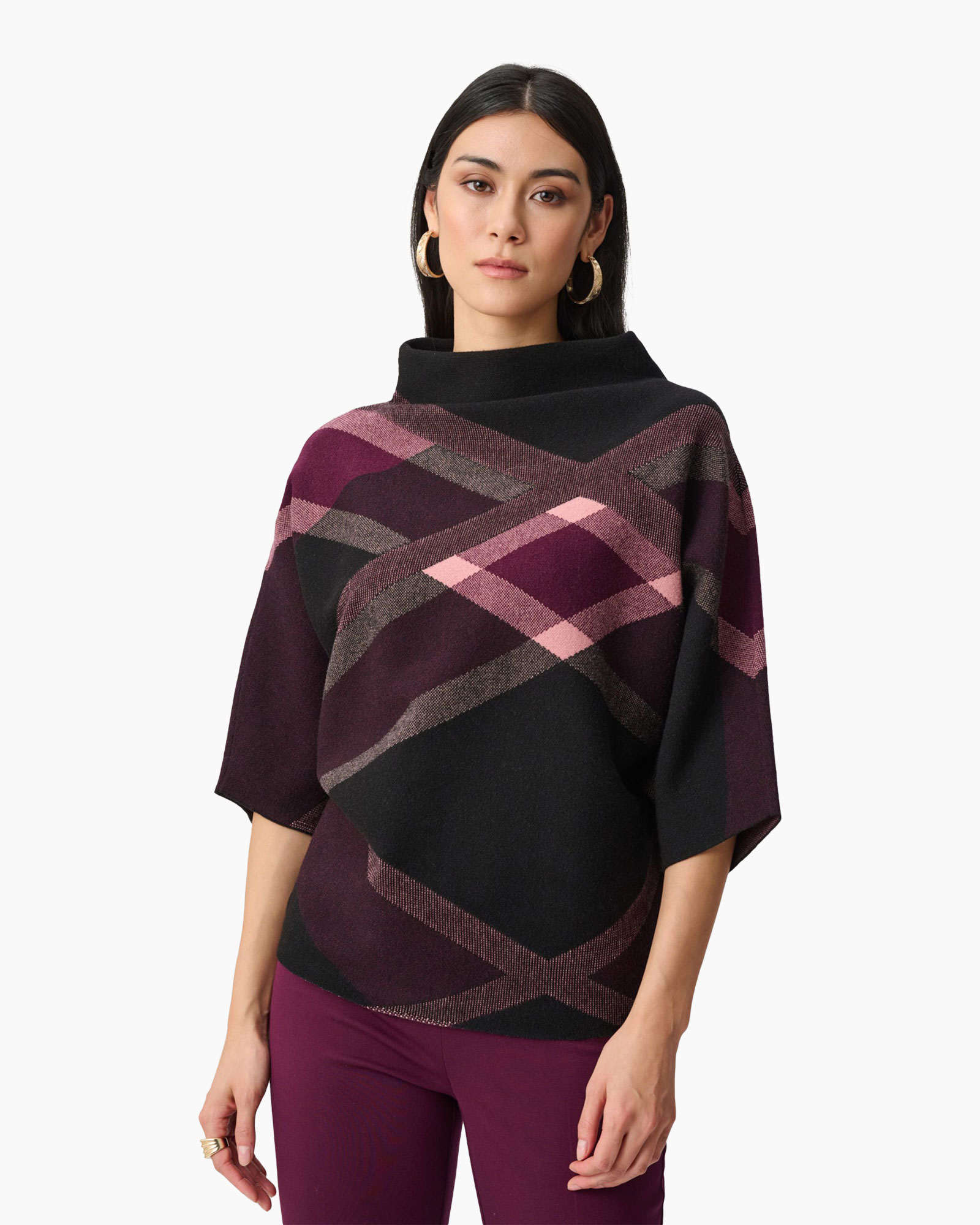 poncho, geometric pattern, plaid, purple, short sleeve