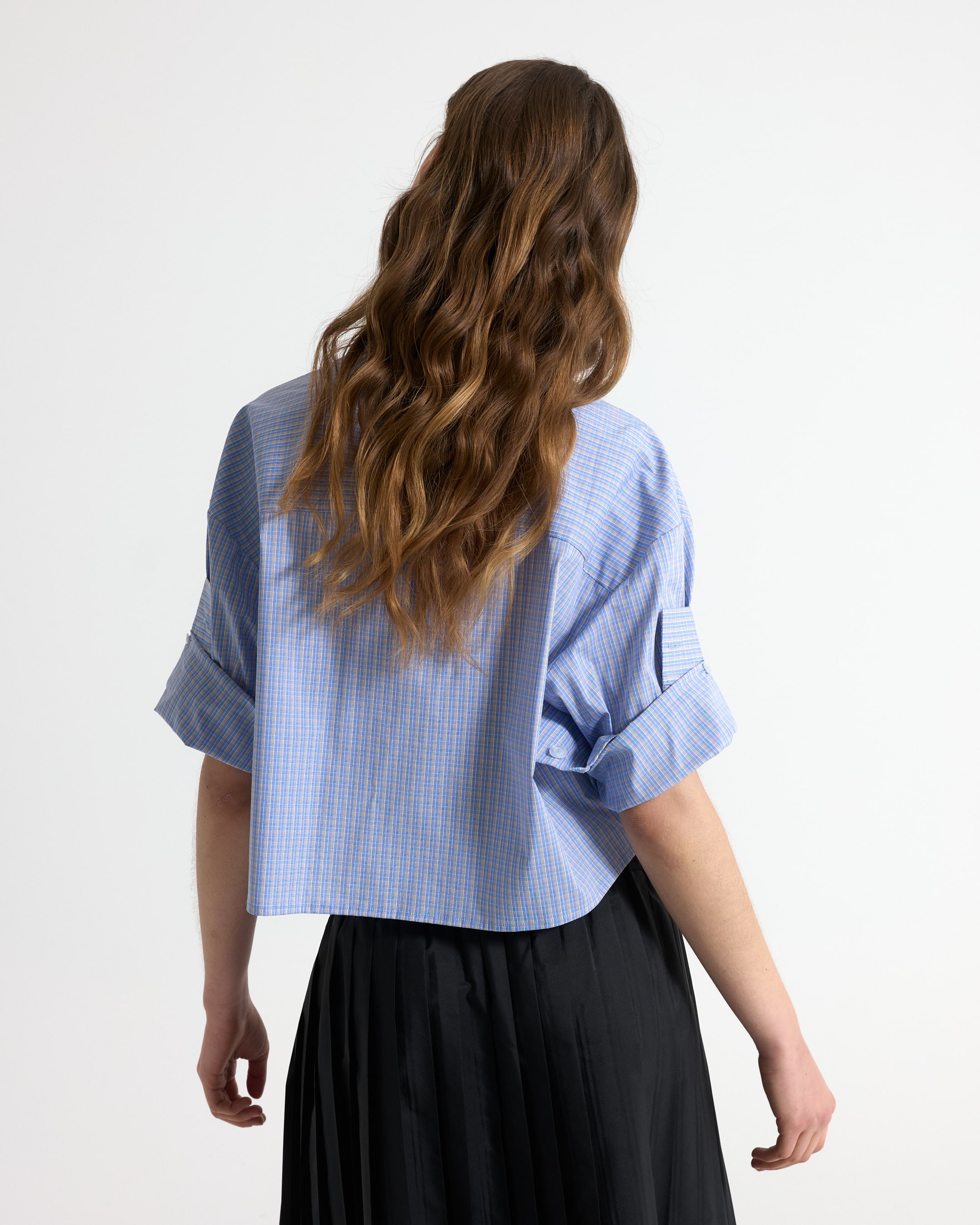 blue striped shirt, ptop, rolled sleeves, loose fit, back view
