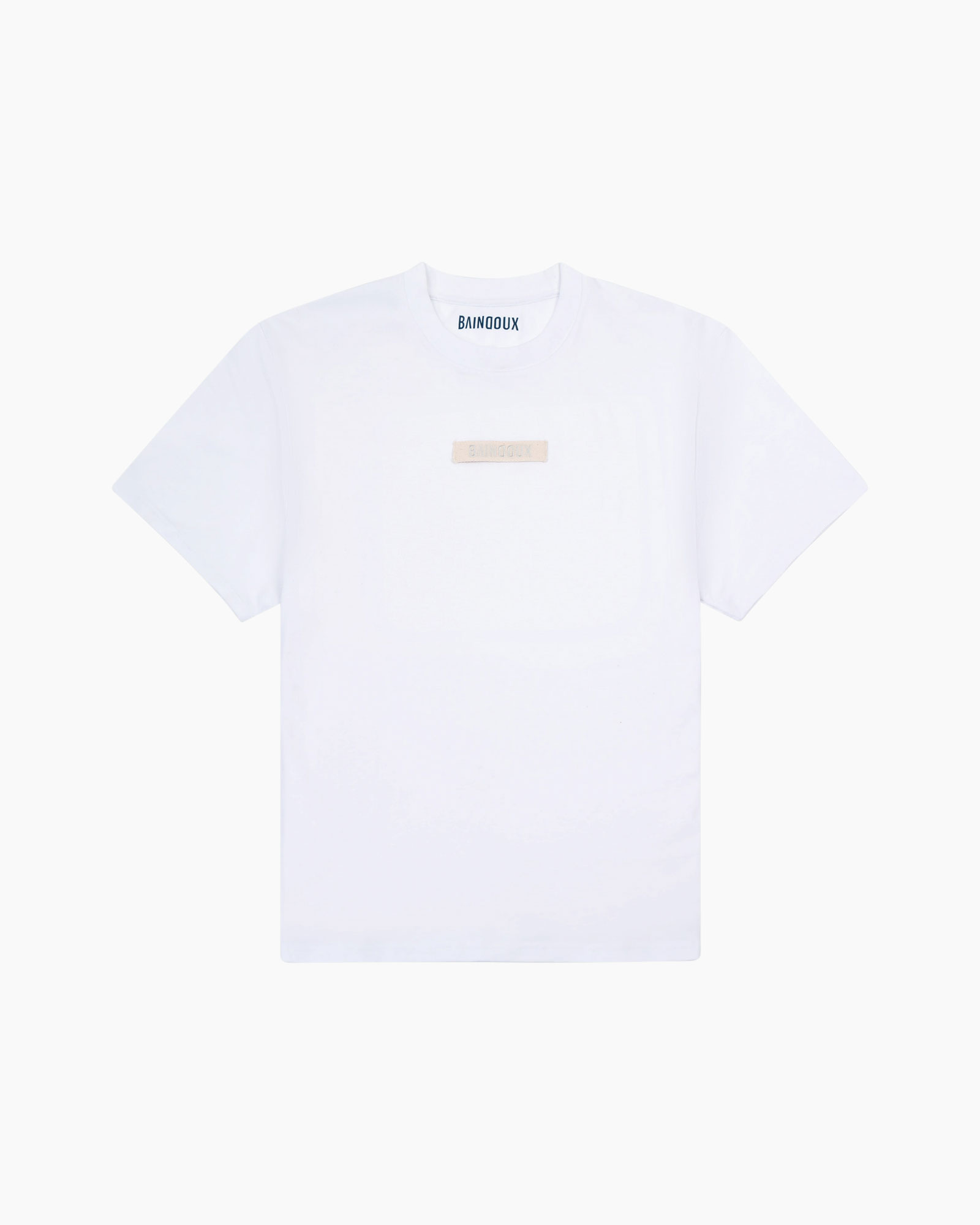 t-shirt, white, short sleeve, crew neck, logo patch