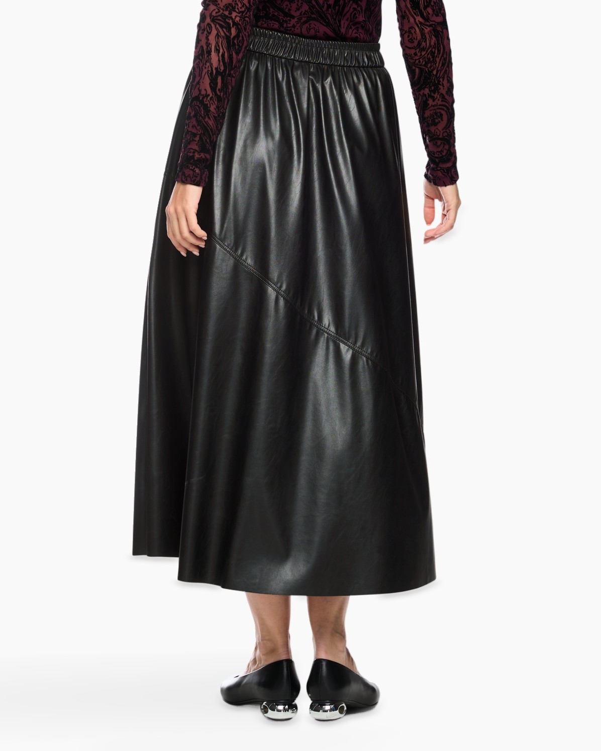 skirt, mid-length, black, leather, elastic-waist
