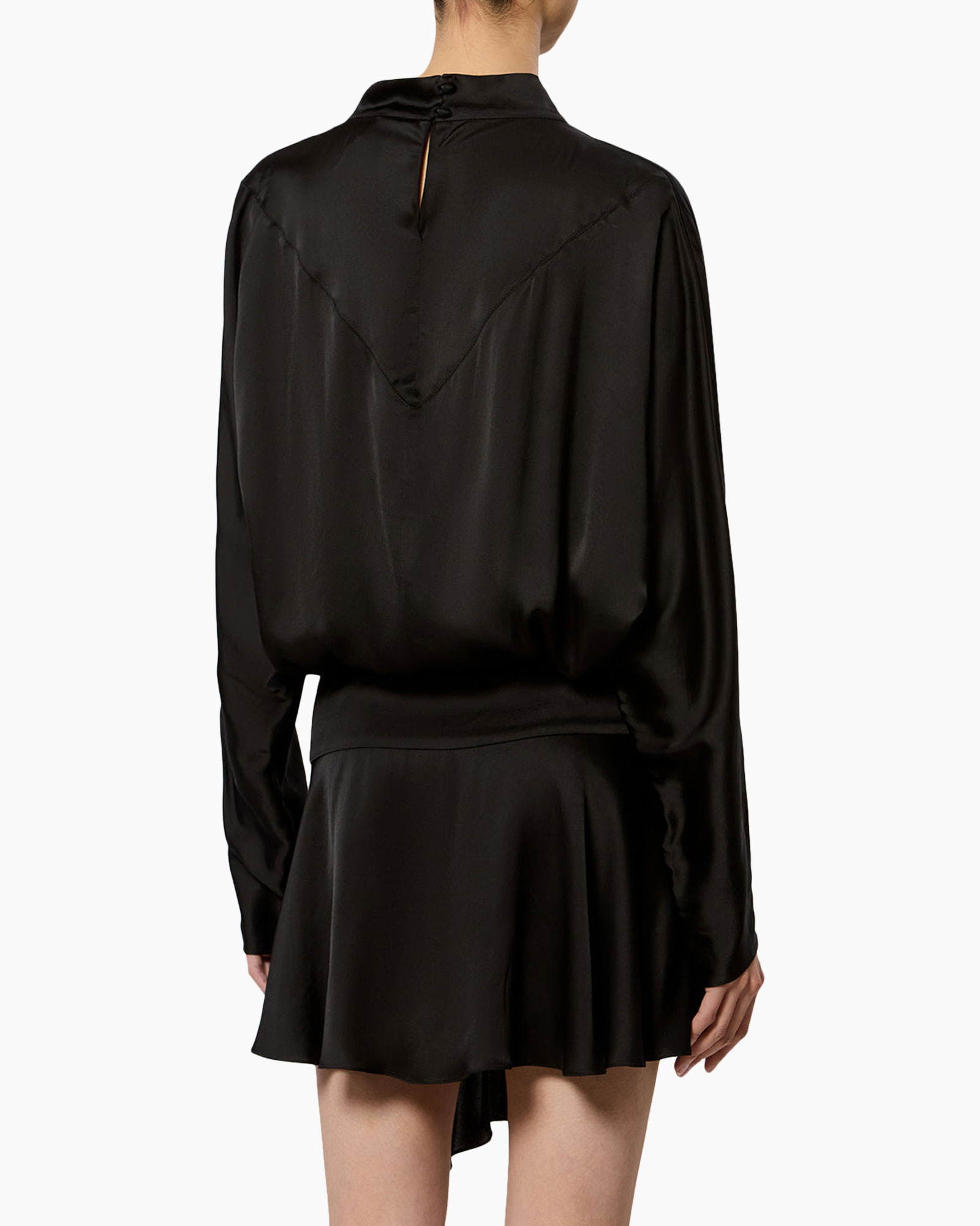 black, silk, blouse, backless?, v-neck?