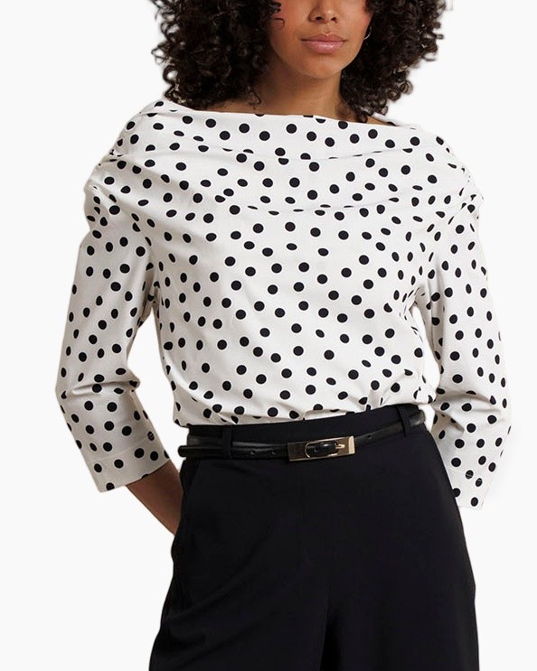 polka dot, white blouse, three-quarter sleeves, boat neck, black pants