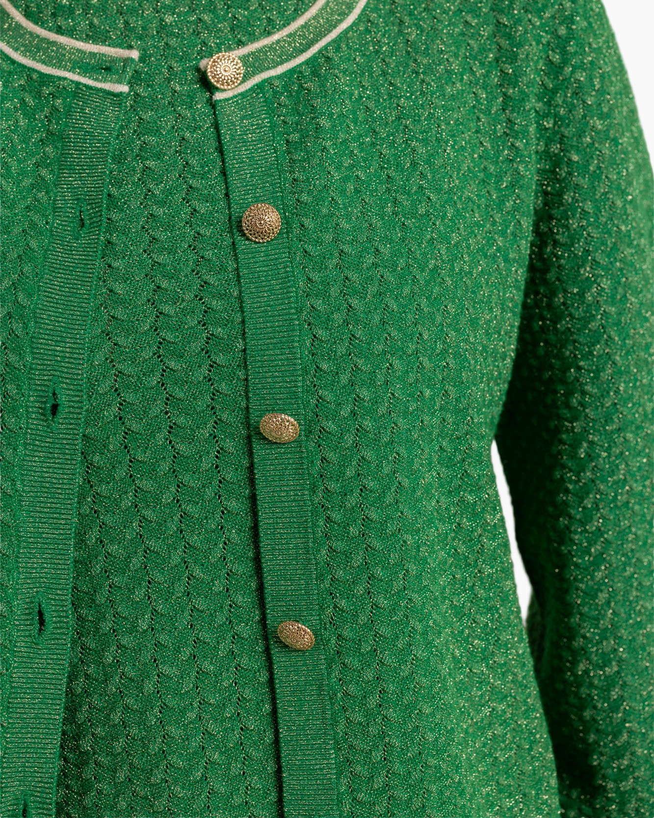 green cardigan, knit texture, metallic buttons, cardigan front, ribbed trim