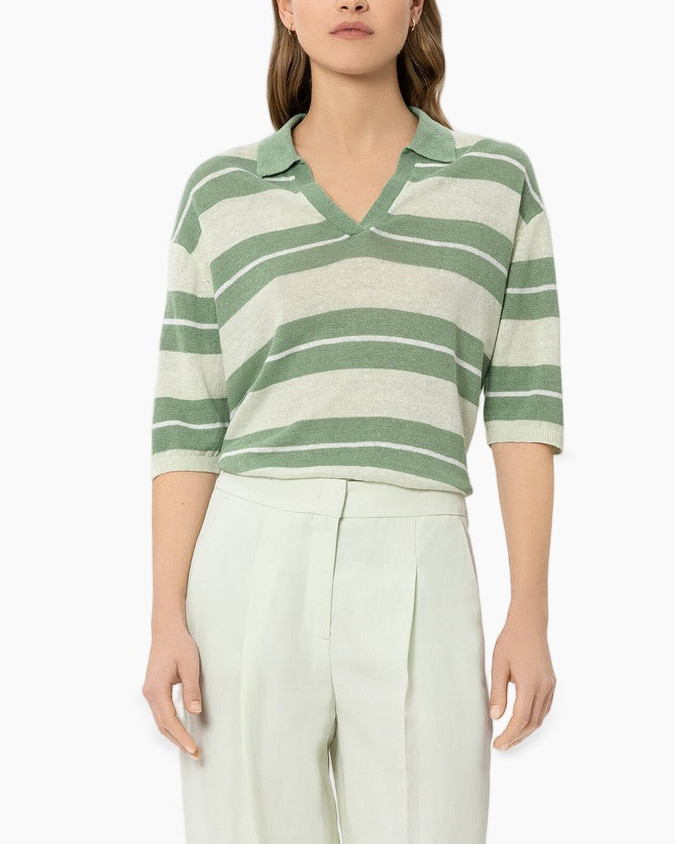 striped polo, green stripes, short sleeves, collared top, pullover knit