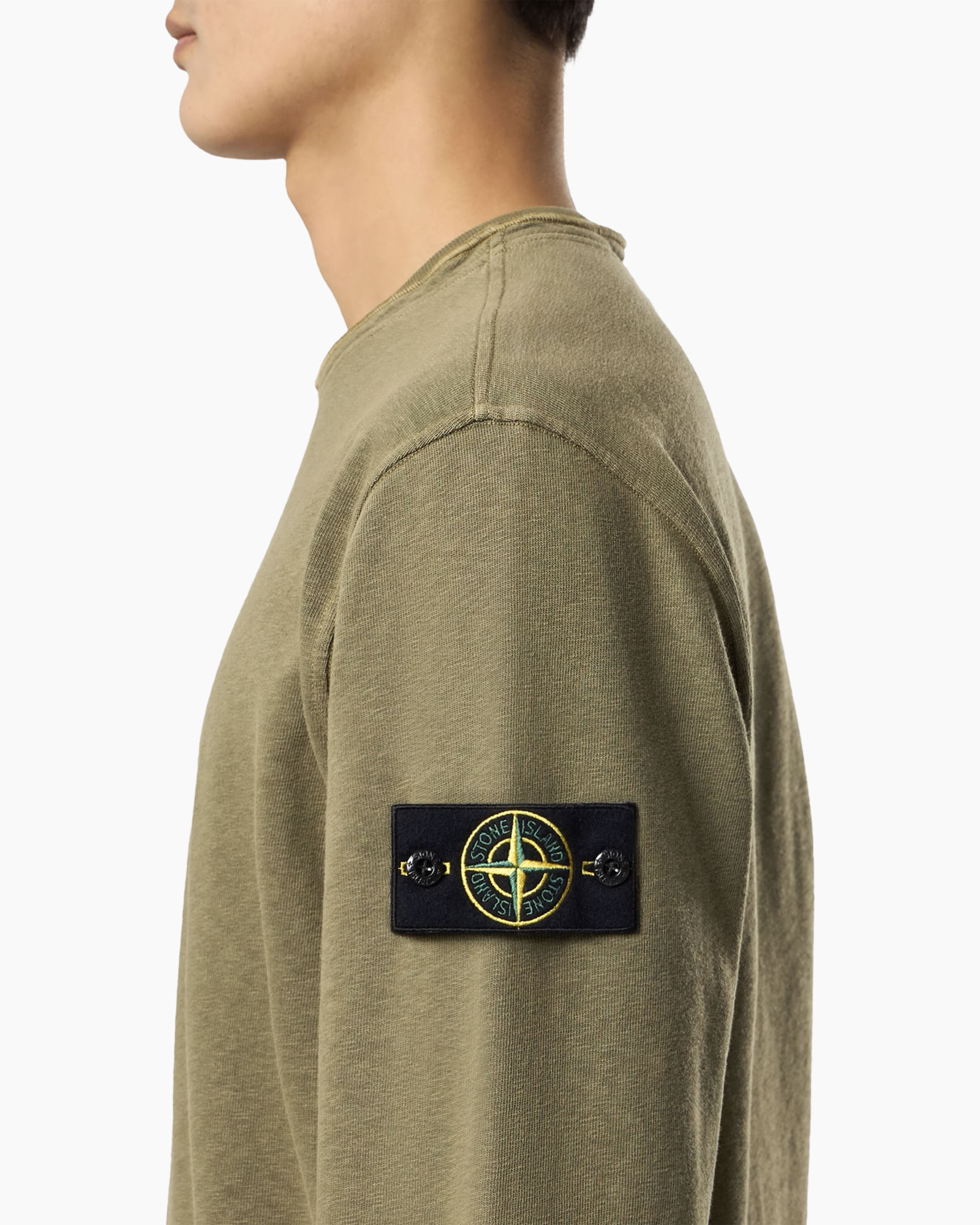 crewneck, olive, long-sleeve, patch, logo-or-stone-island