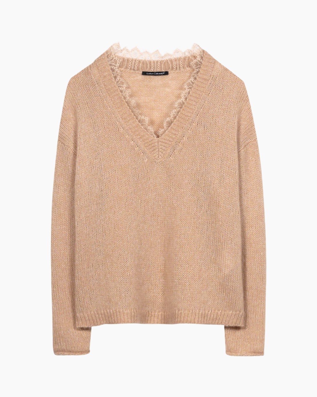 sweater, knit, v-neck, beige, lace-trim