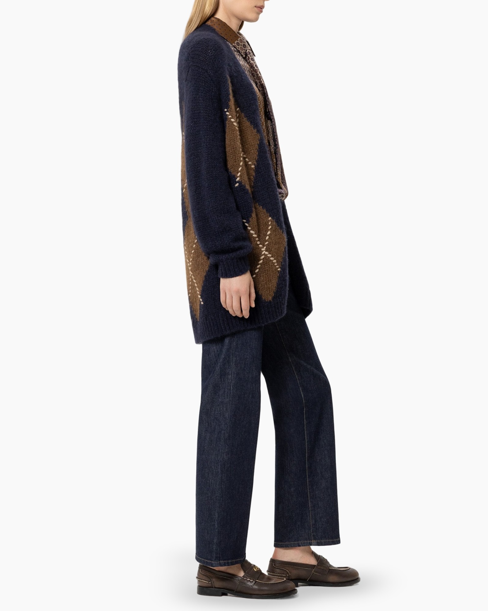 cardigan, argyle pattern, brown, navy, knit cardigan