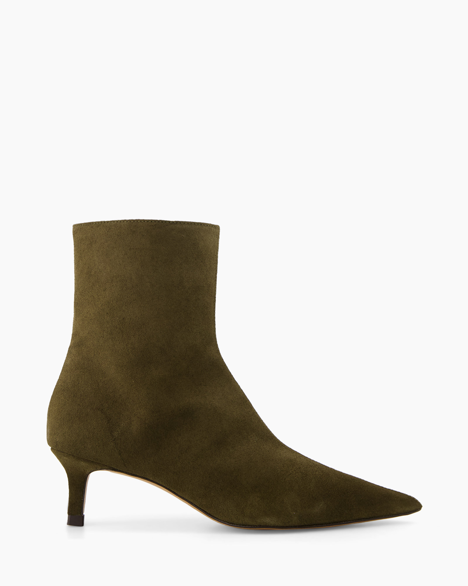 ankle boot, suede, olive green, mid heel,  pointed toe