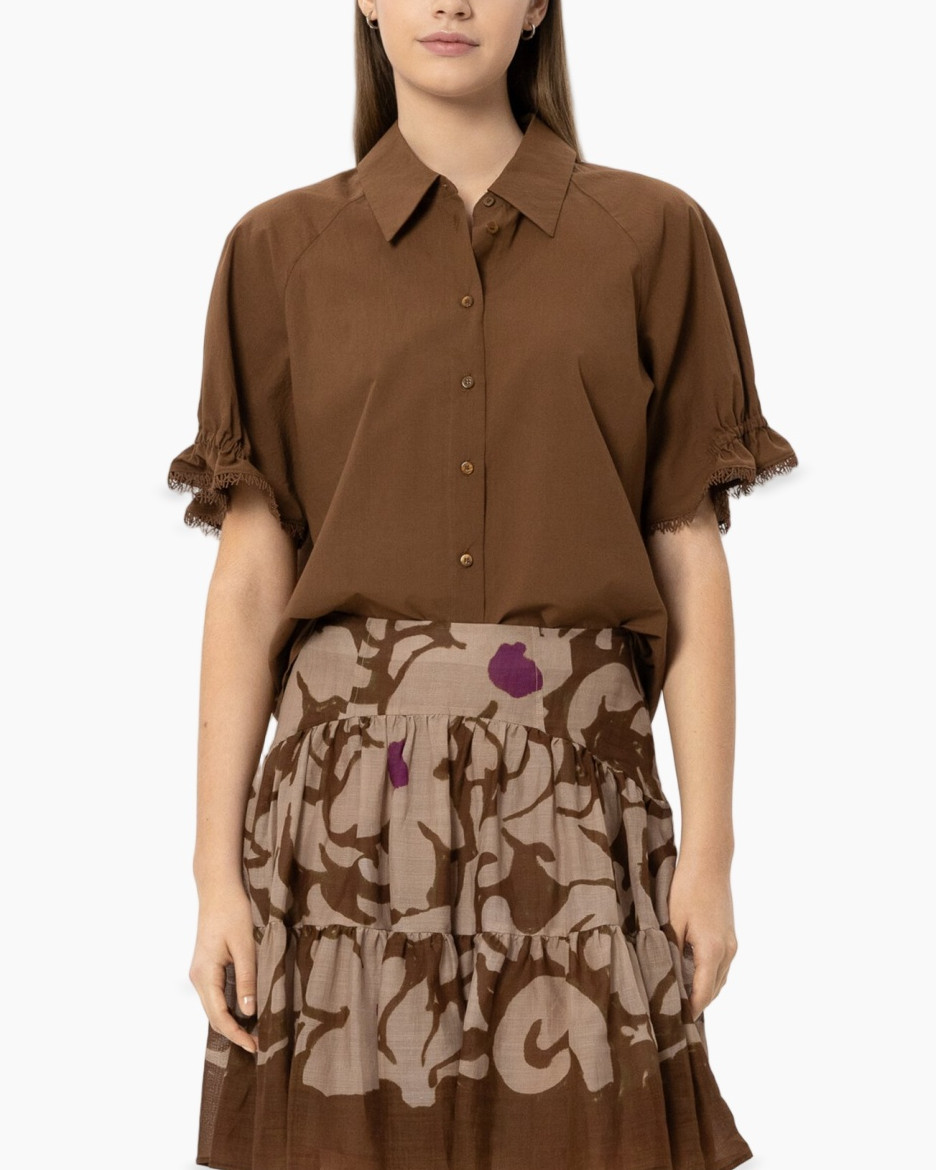 blouse, button-down, shortsleeve, brown, collar