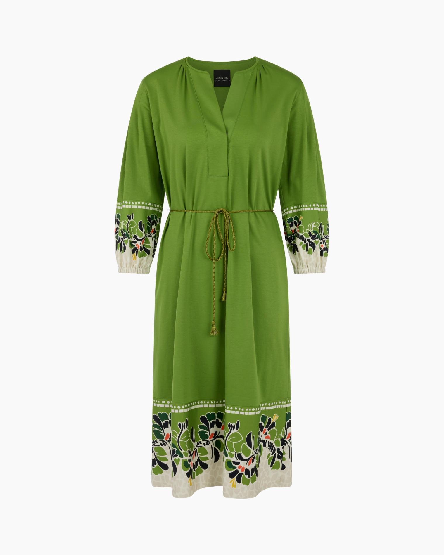 green dress, embroidered pattern, belted, long sleeve, flores pattern