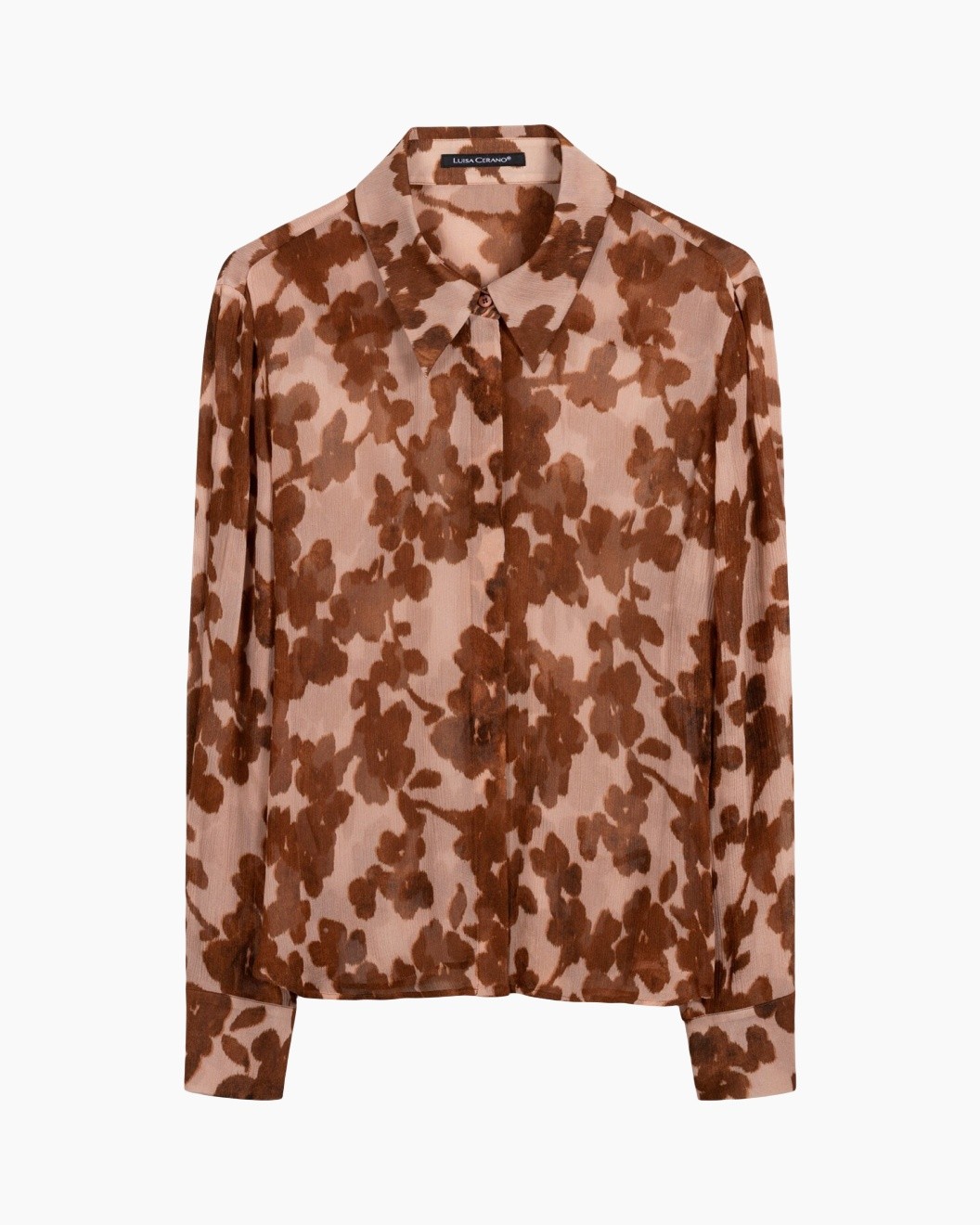 blouse, floral, silk, brown, long-sleeve