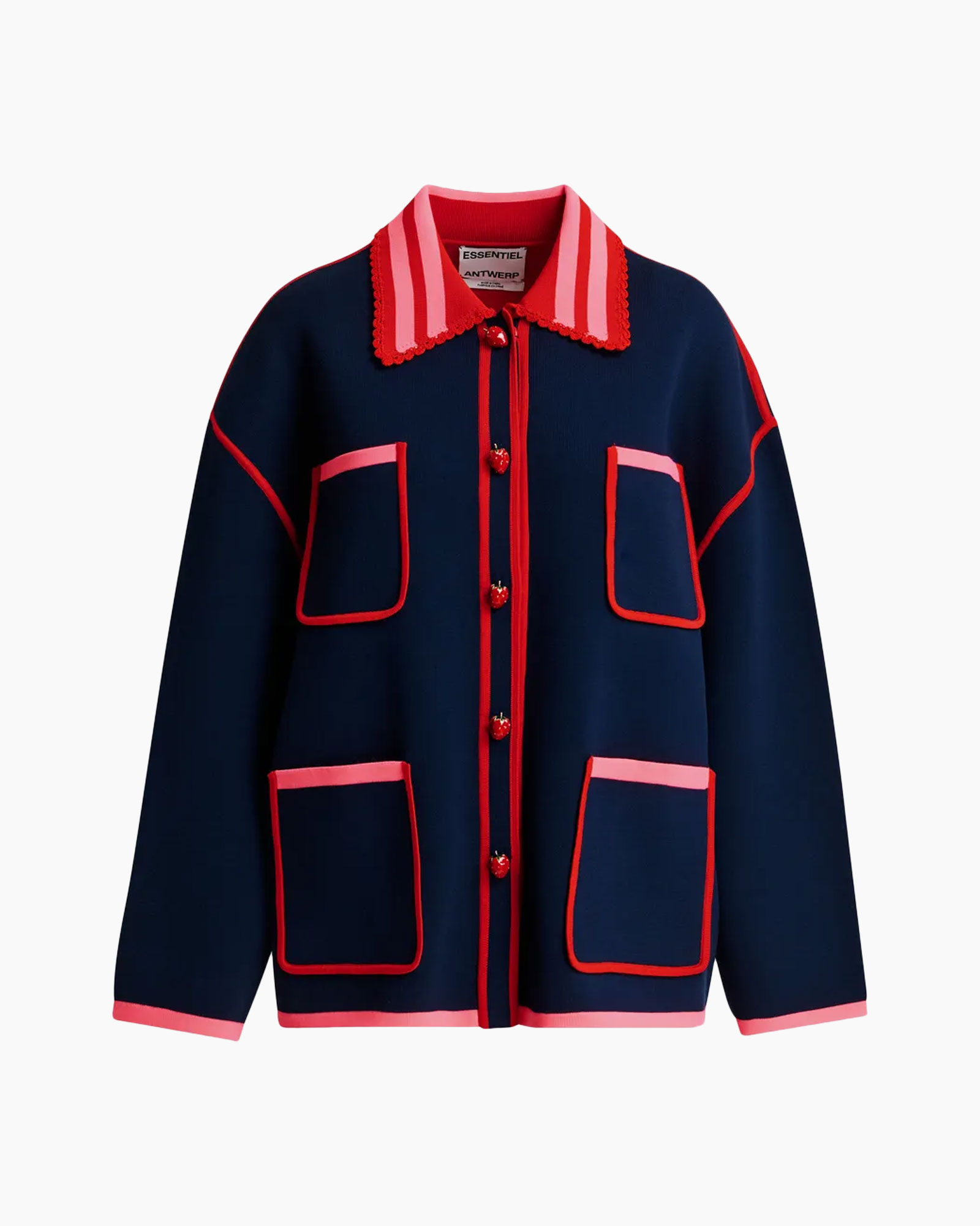 cardigan, navy, pink trim, front pockets, contrast stitching