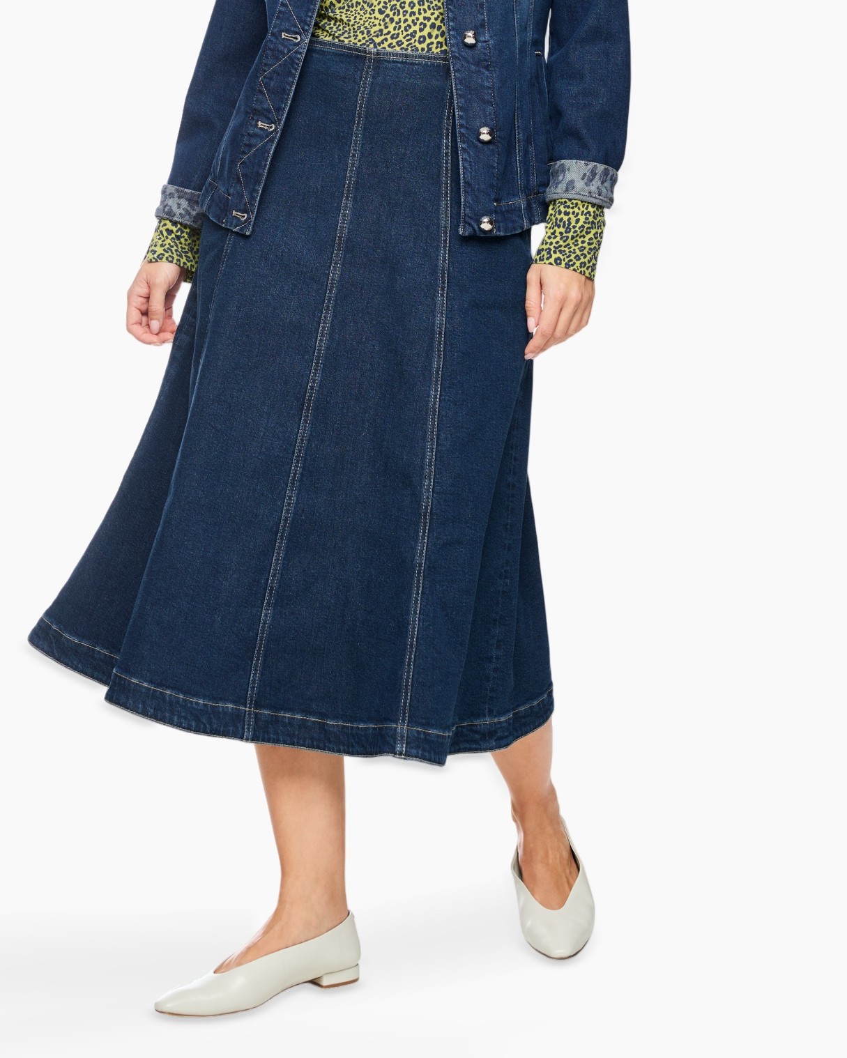 denim, skirt, mid-length, jean, A-line