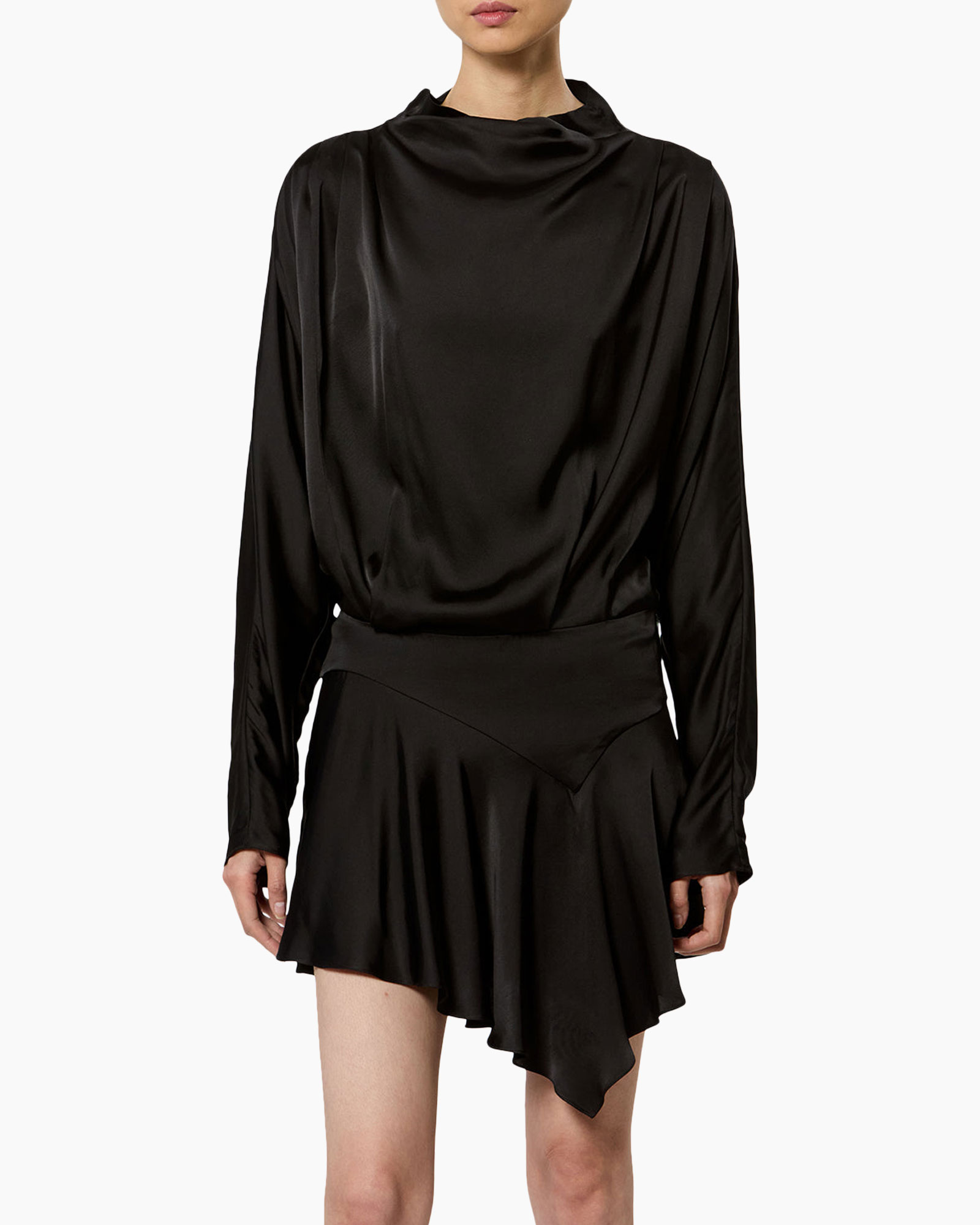 dress, satin, black, long sleeve, asymmetric skirt